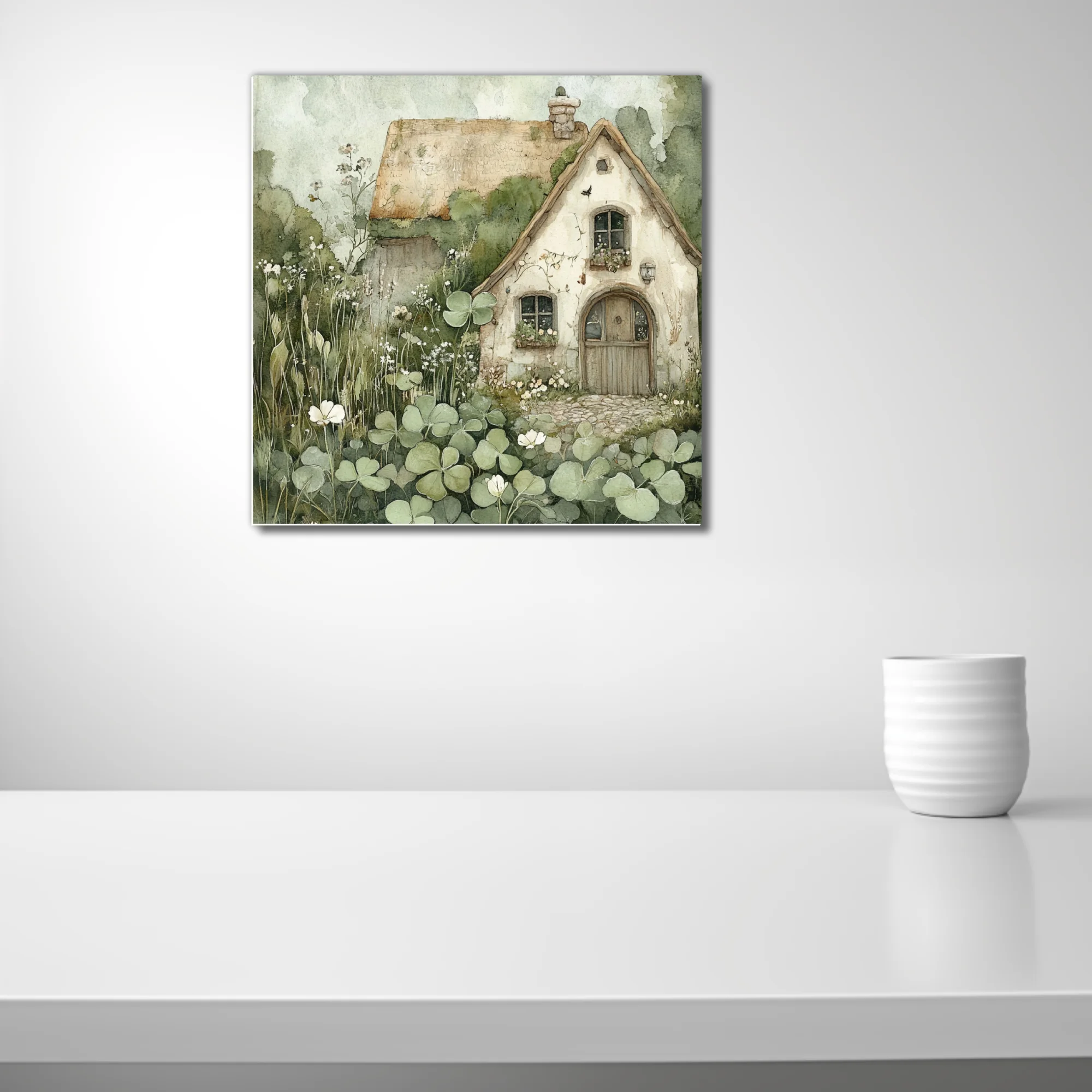 Watercolor-style thatched cottage surrounded by clover and wildflowers, sage and cream palette