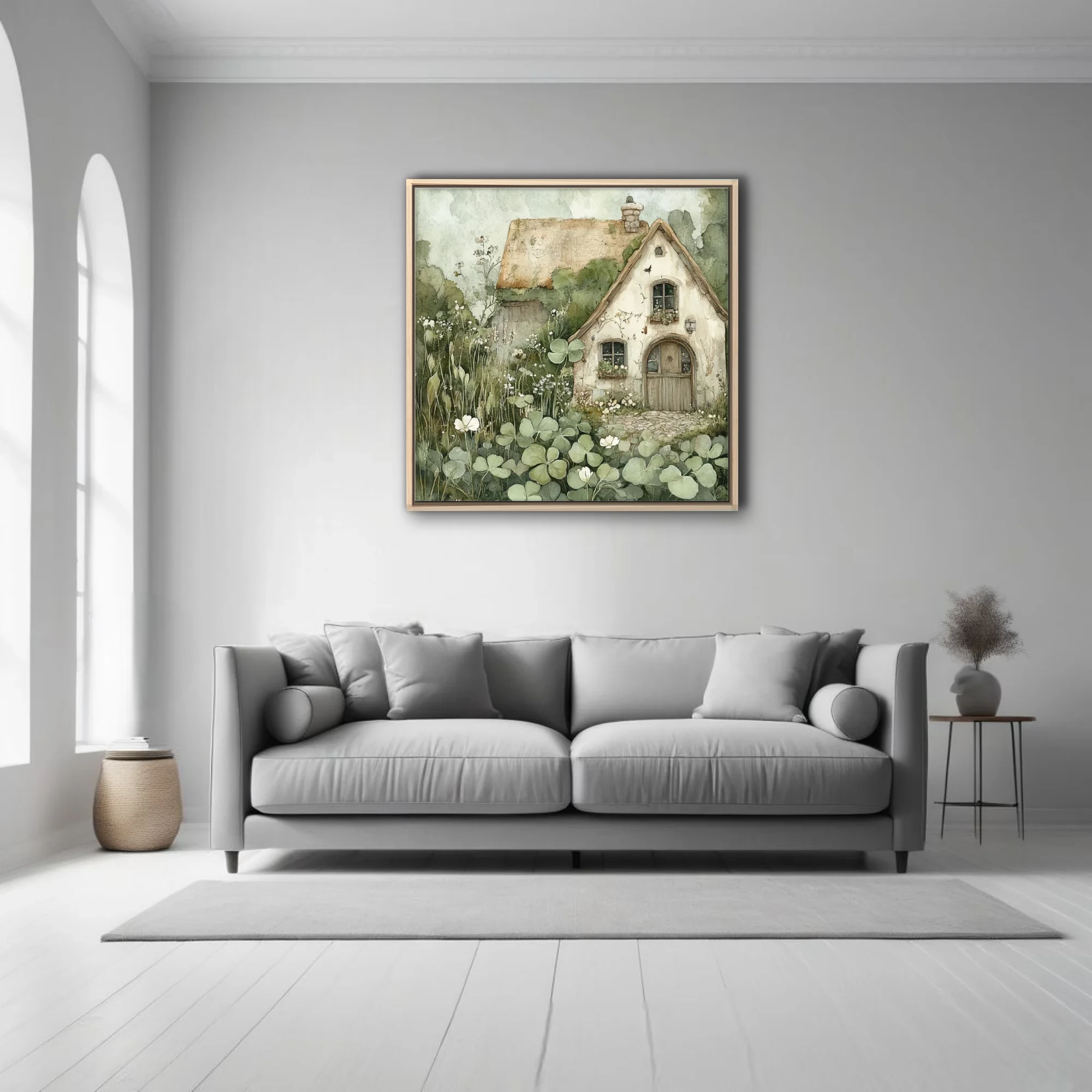 Watercolor-style thatched cottage surrounded by clover and wildflowers, sage and cream palette