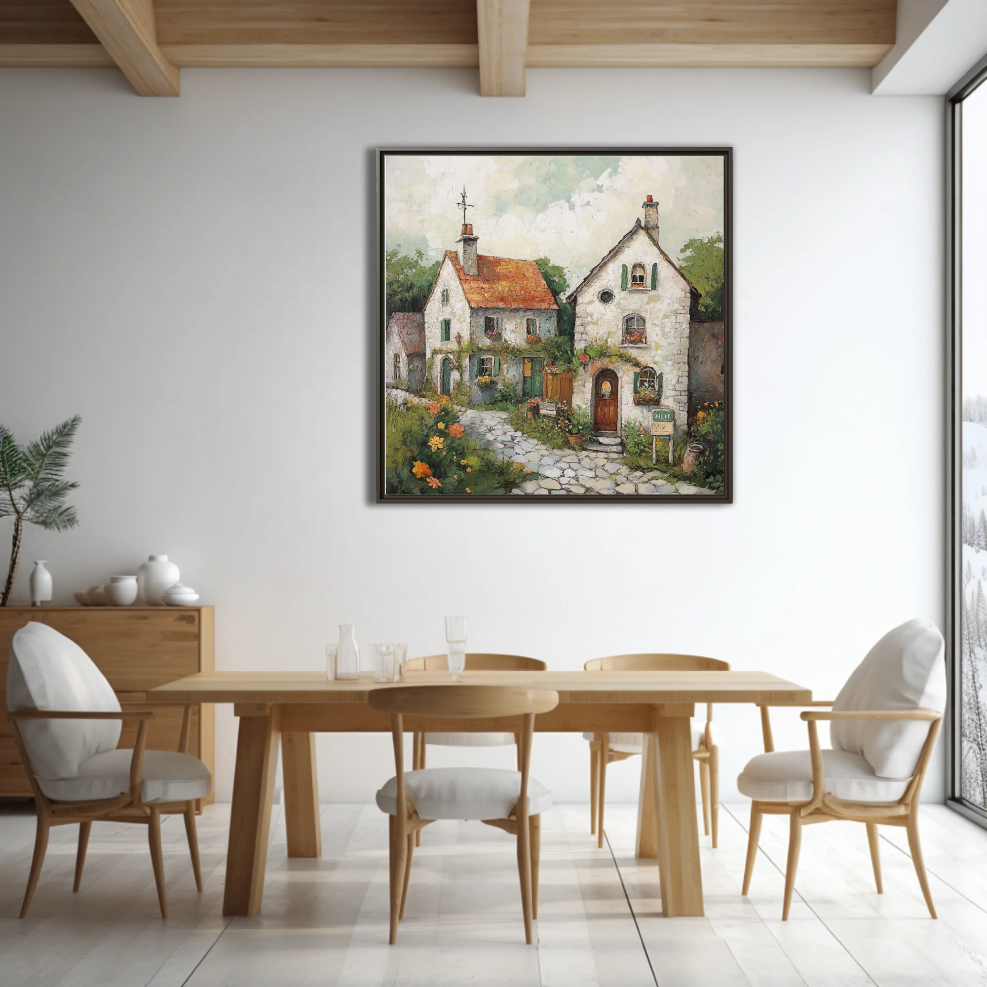 Rustic European village cottages with terracotta roofs and flowers, painterly art