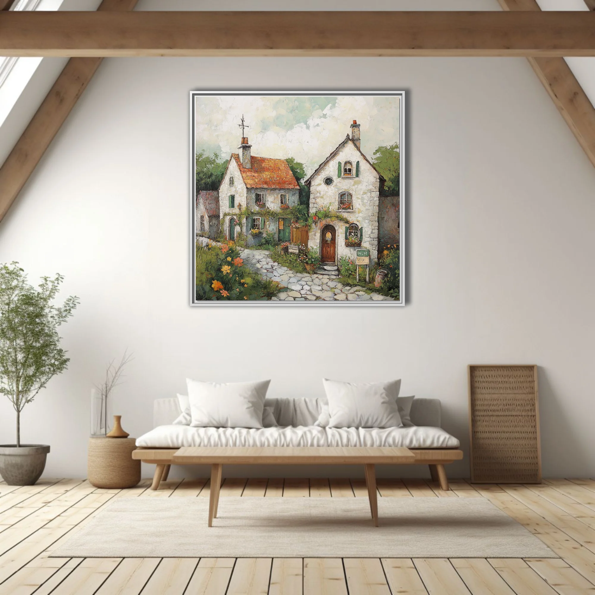 Rustic European village cottages with terracotta roofs and flowers, painterly art