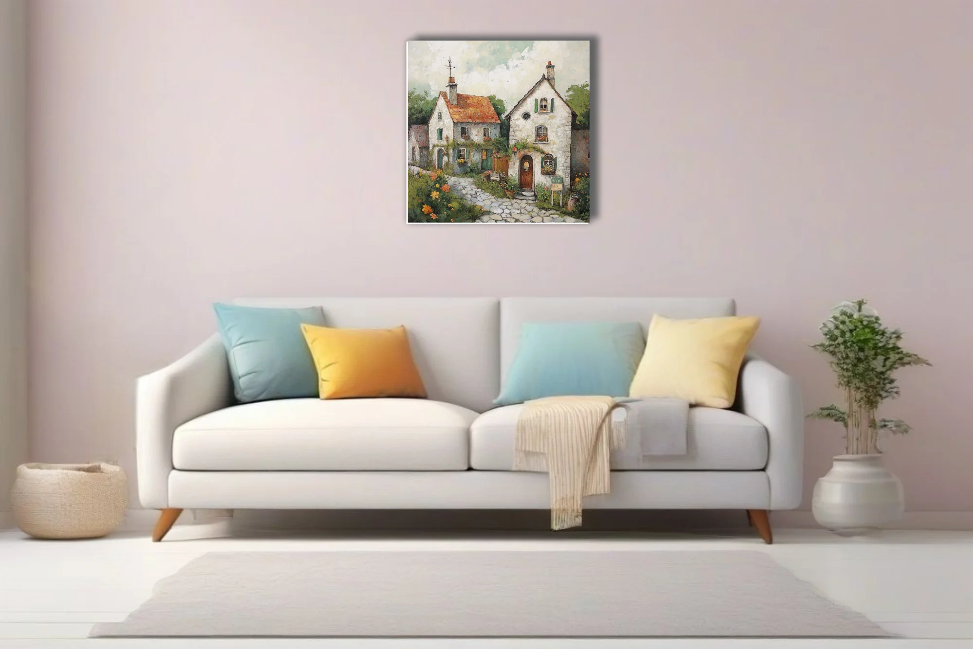 Rustic European village cottages with terracotta roofs and flowers, painterly art