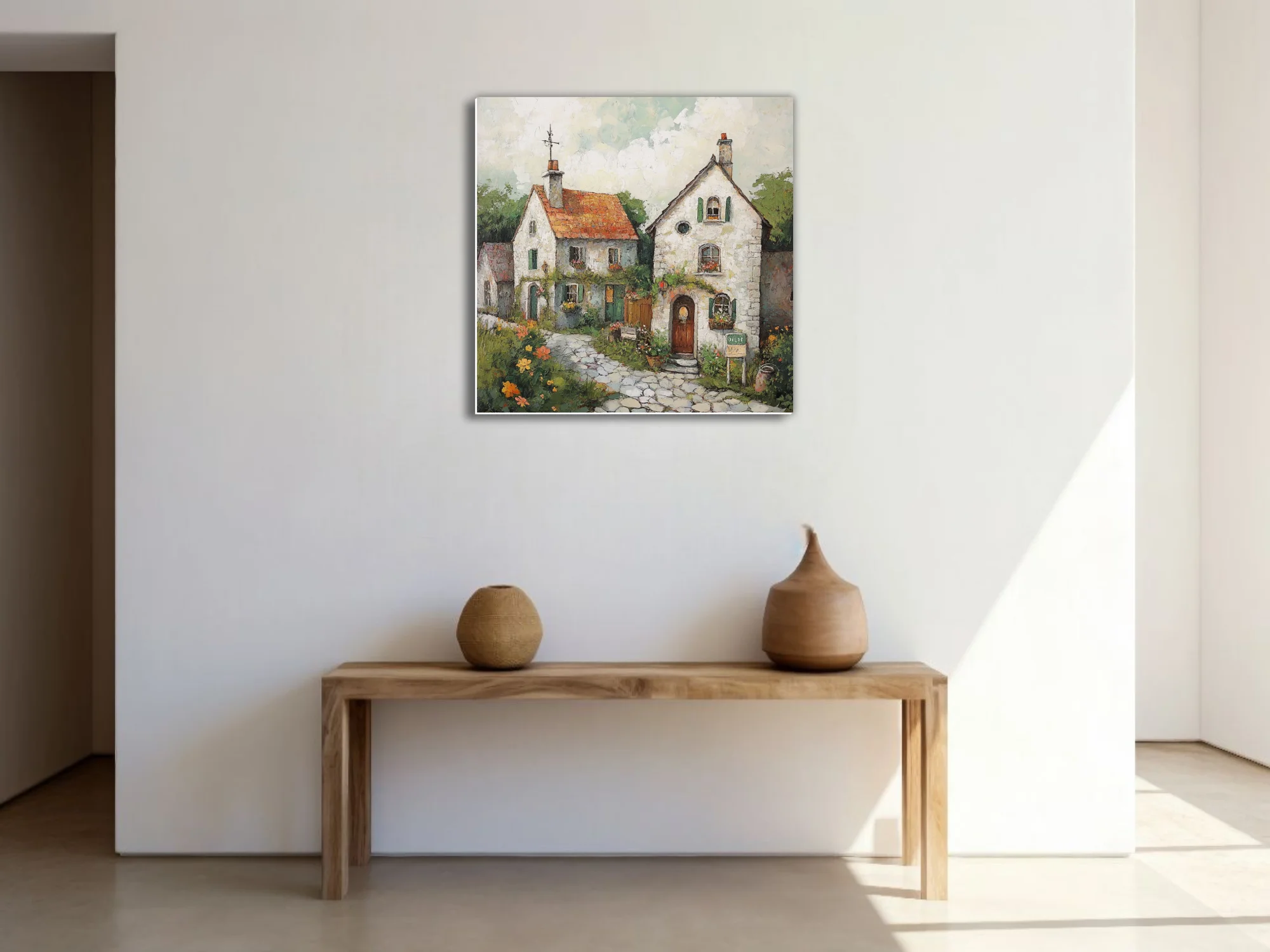 Rustic European village cottages with terracotta roofs and flowers, painterly art