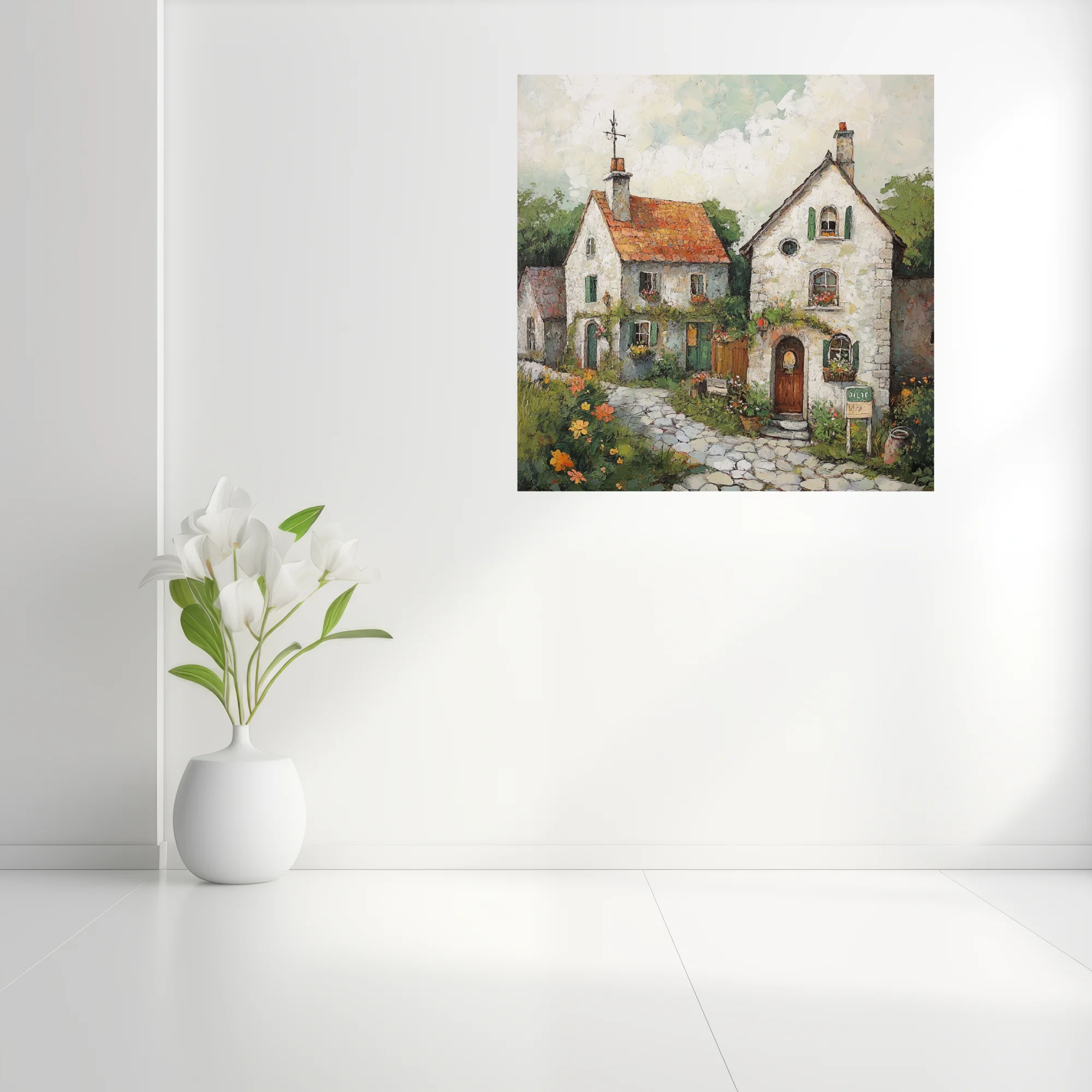 Rustic European village cottages with terracotta roofs and flowers, painterly art
