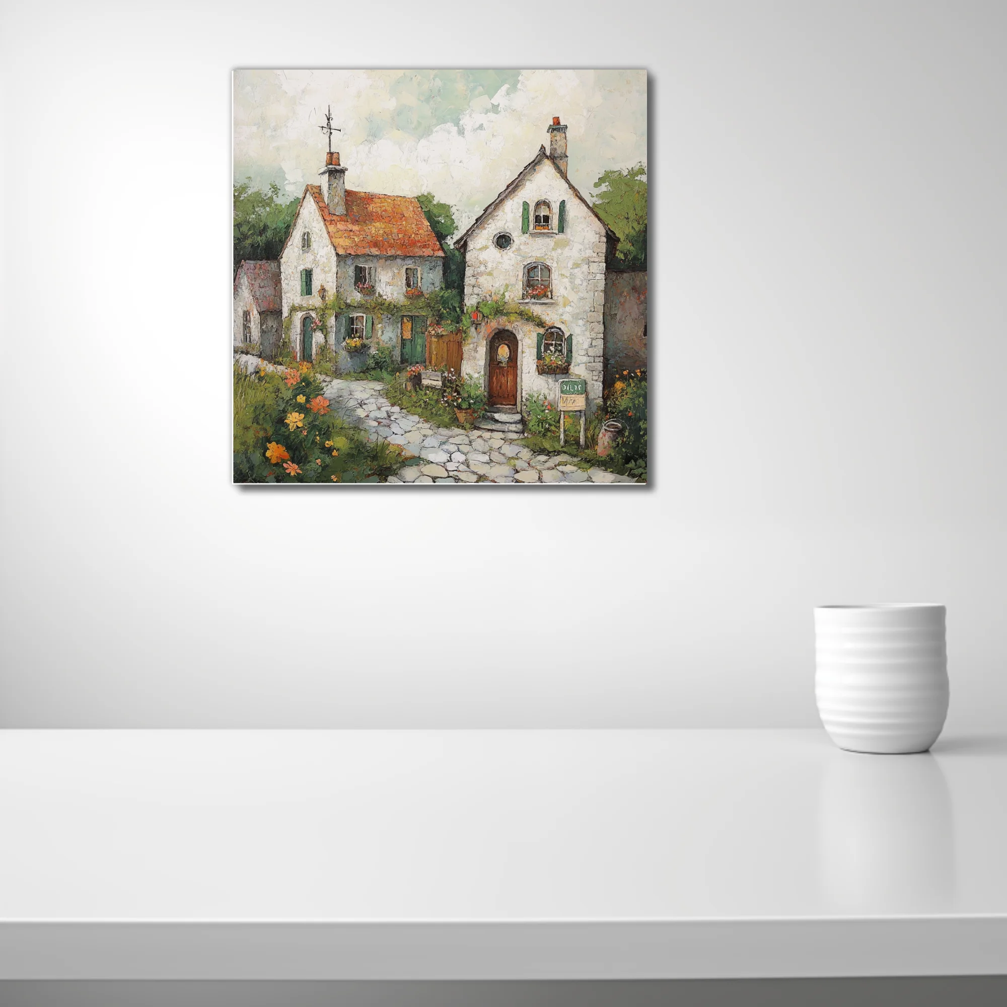 Rustic European village cottages with terracotta roofs and flowers, painterly art
