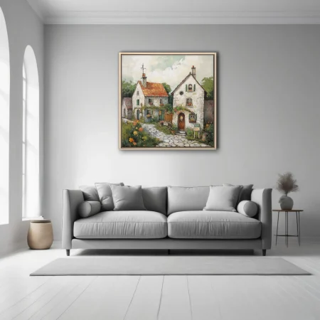 Rustic European village cottages with terracotta roofs and flowers, painterly art