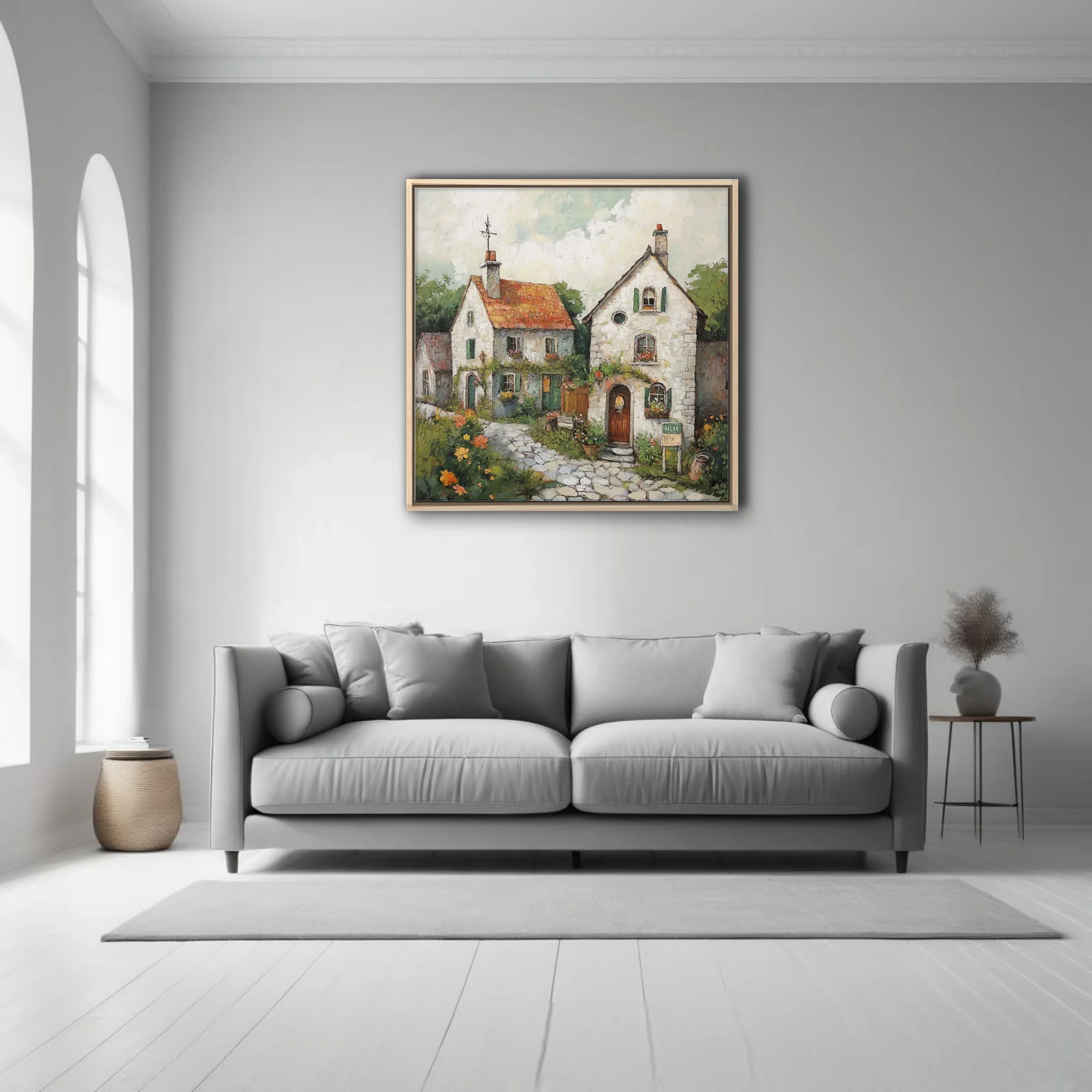 Rustic European village cottages with terracotta roofs and flowers, painterly art