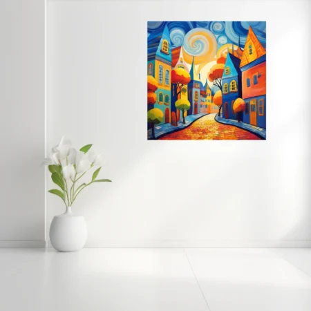Whimsical village street with swirling sky and autumn trees in swirling painterly style, cobalt and tangerine palette