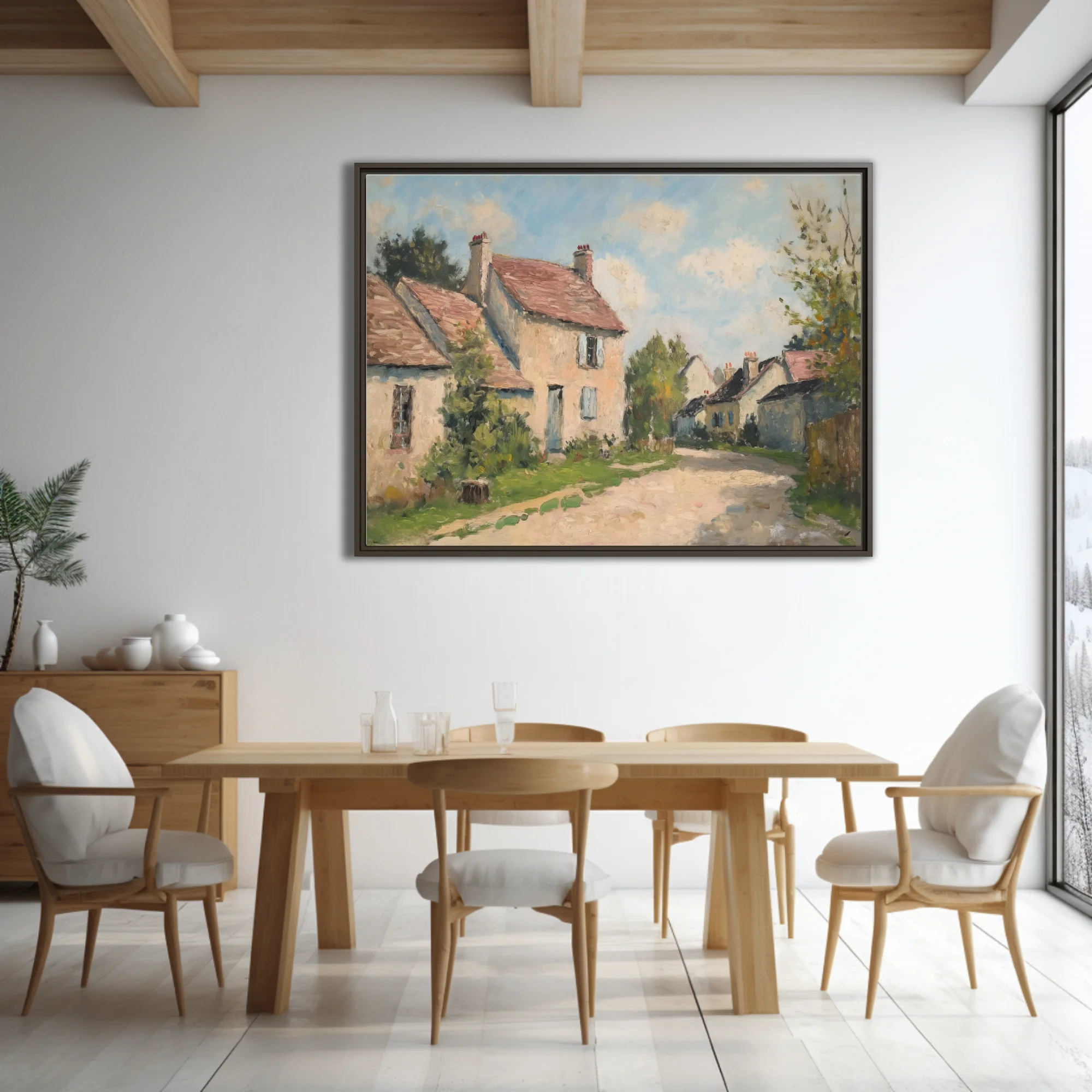 Soft painterly French village landscape with cream cottages, terracotta roofs, and soft summer sky