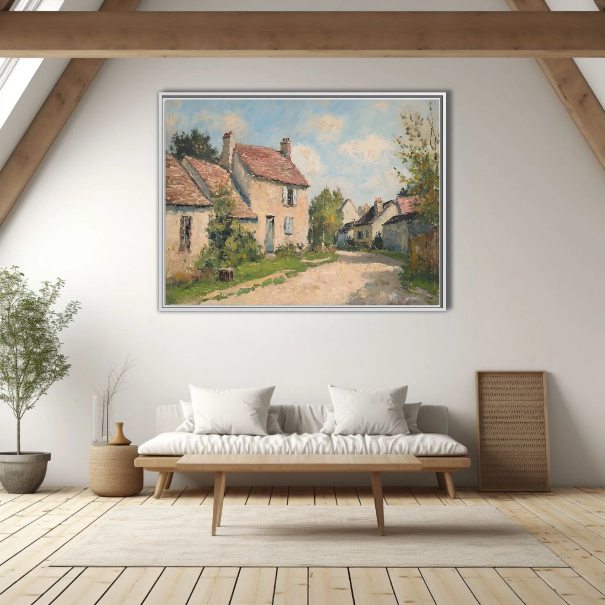 Soft painterly French village landscape with cream cottages, terracotta roofs, and soft summer sky