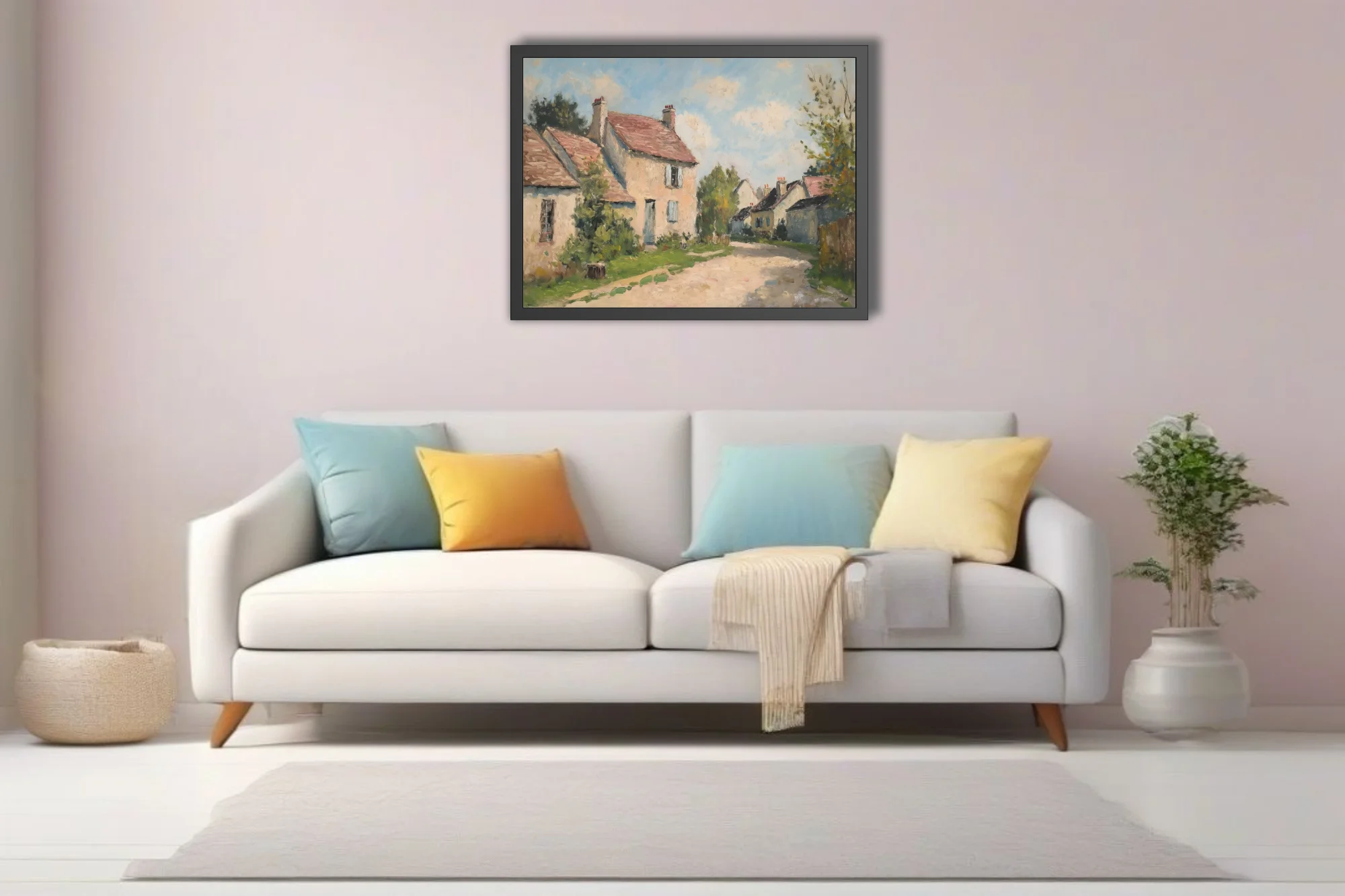 Soft painterly French village landscape with cream cottages, terracotta roofs, and soft summer sky