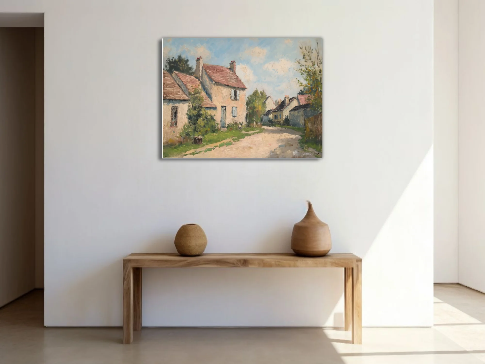 Soft painterly French village landscape with cream cottages, terracotta roofs, and soft summer sky