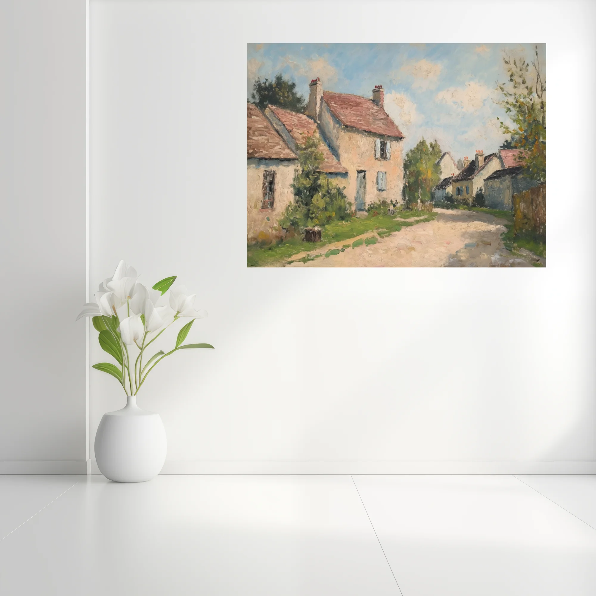Soft painterly French village landscape with cream cottages, terracotta roofs, and soft summer sky