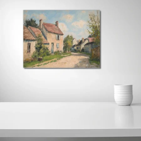 Soft painterly French village landscape with cream cottages, terracotta roofs, and soft summer sky