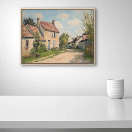 Soft painterly French village landscape with cream cottages, terracotta roofs, and soft summer sky