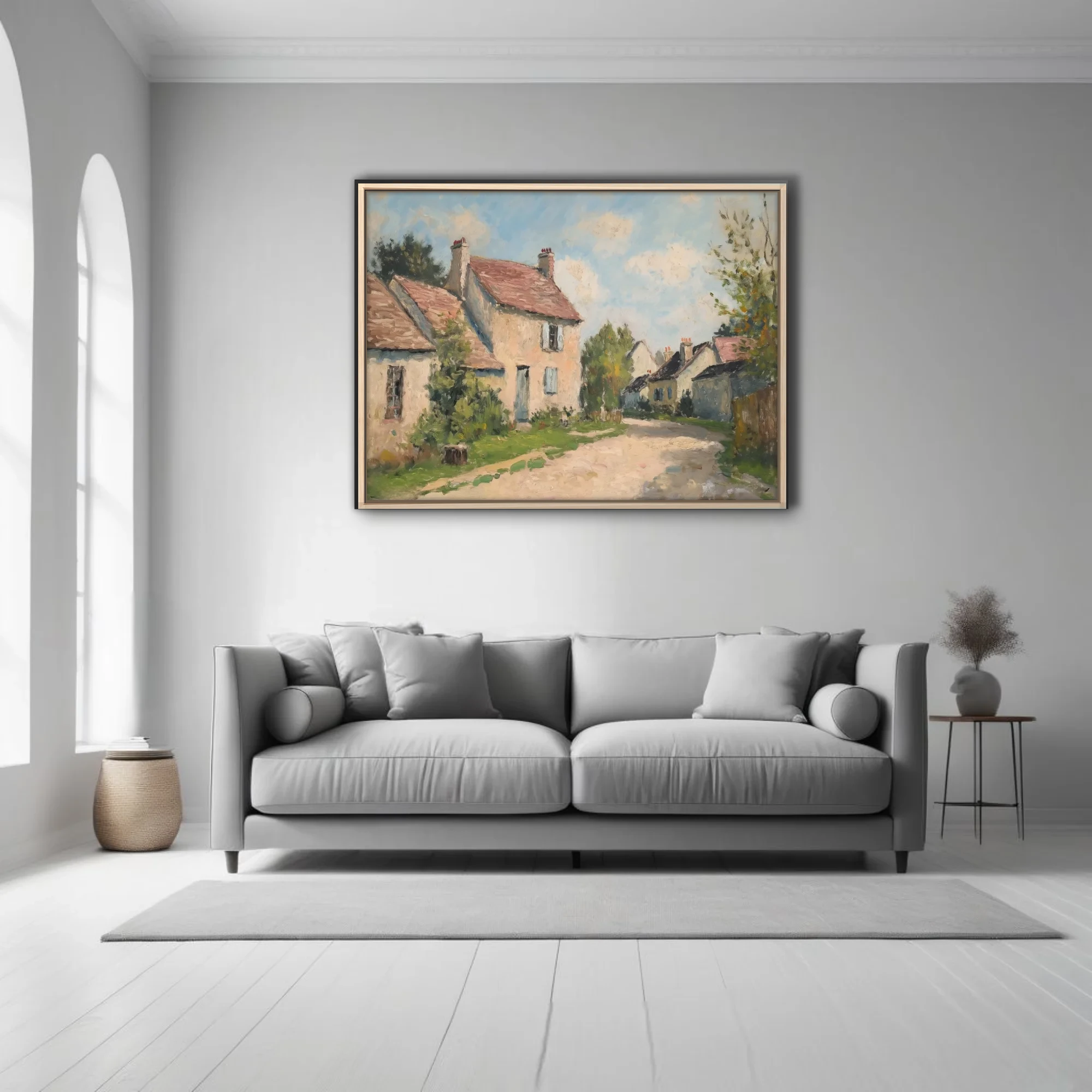 Soft painterly French village landscape with cream cottages, terracotta roofs, and soft summer sky
