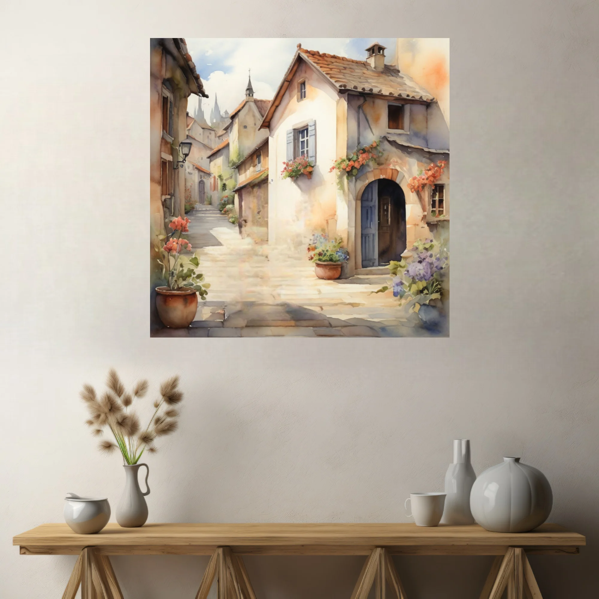 Watercolor-style European village alley, warm stone buildings, floral accents, soft pastel tones