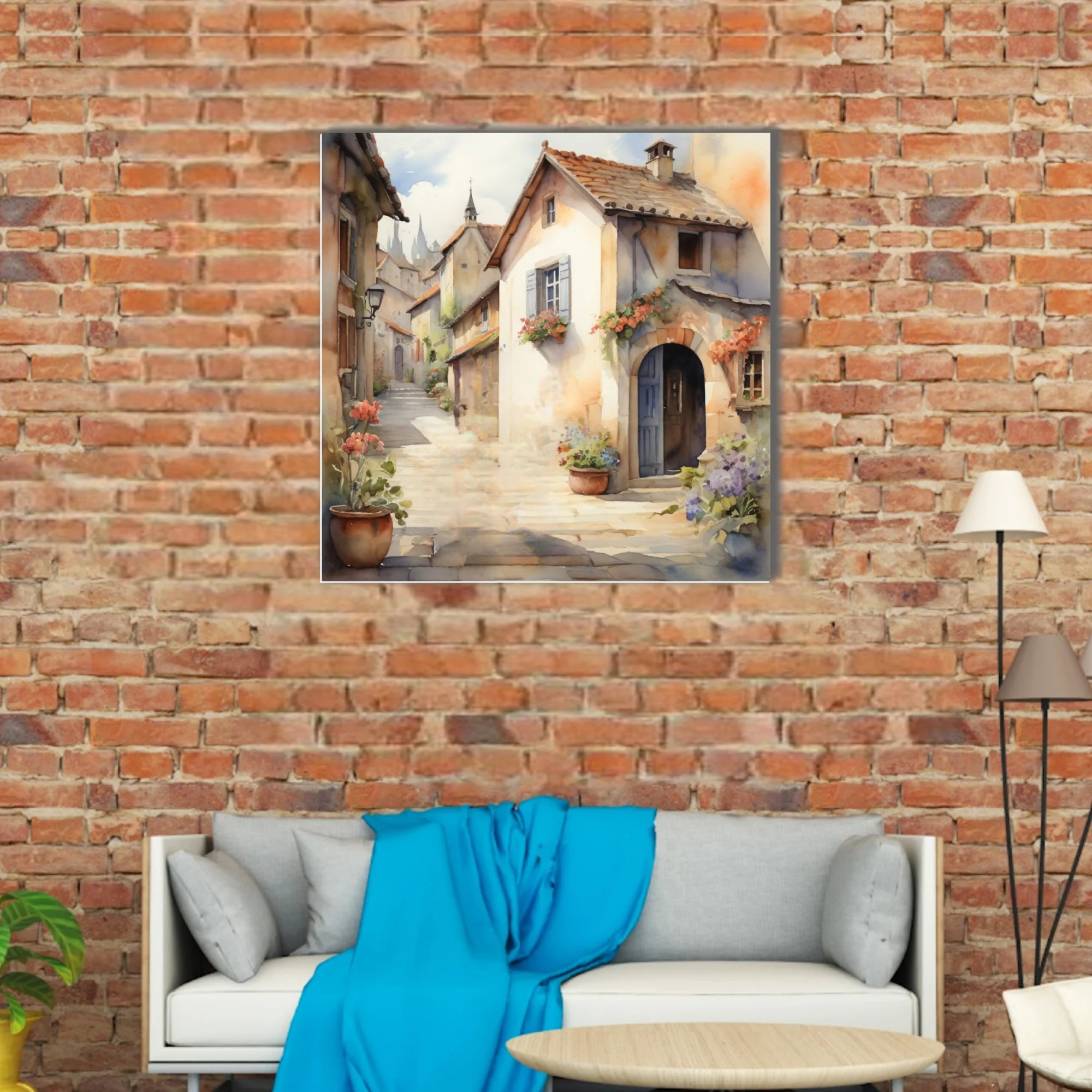 Watercolor-style European village alley, warm stone buildings, floral accents, soft pastel tones