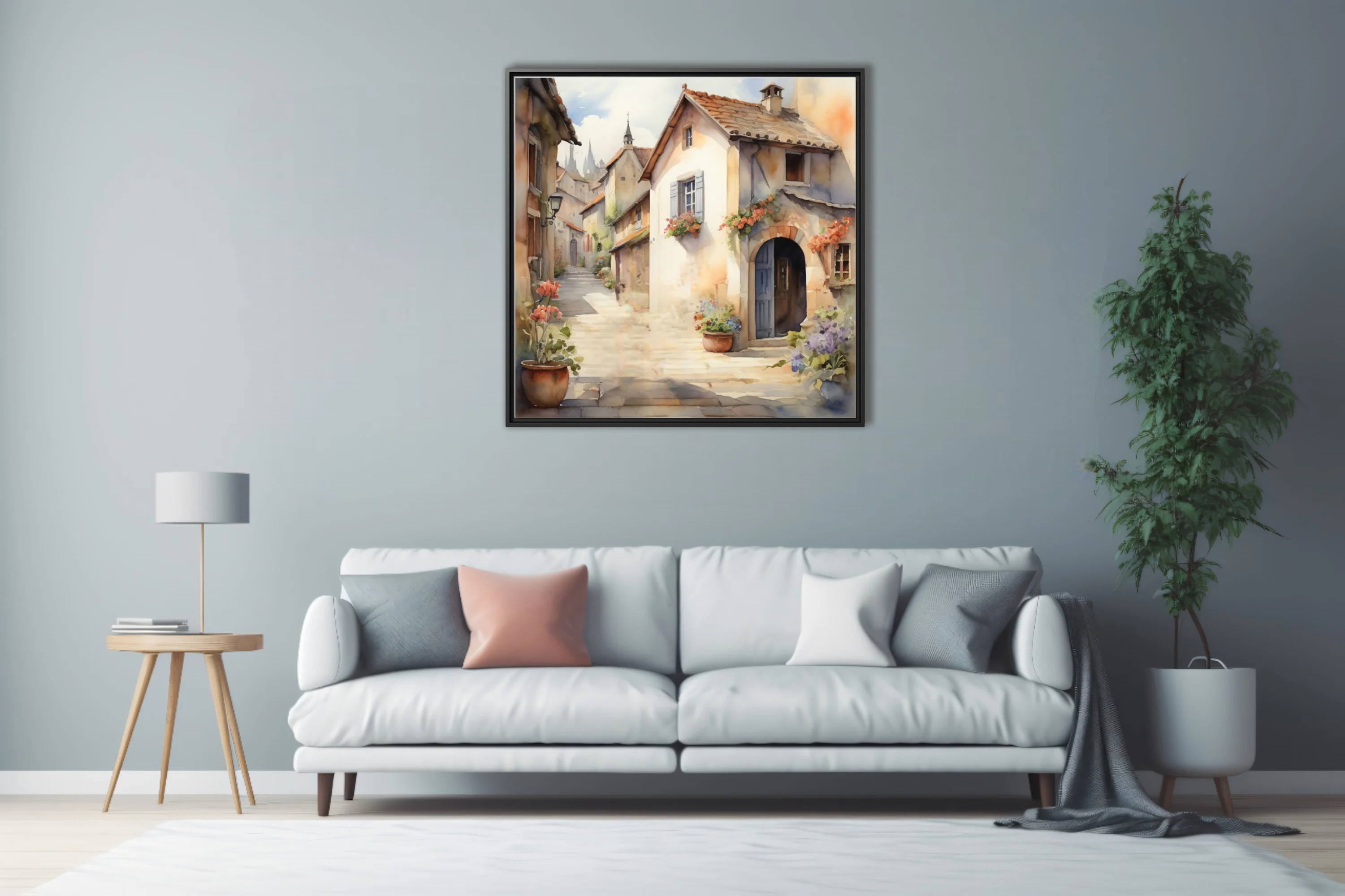 Watercolor-style European village alley, warm stone buildings, floral accents, soft pastel tones