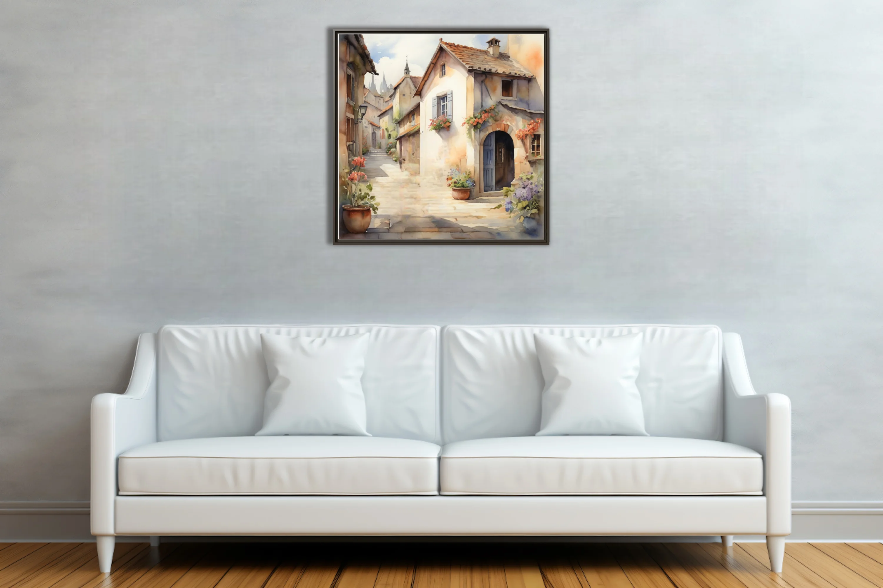 Watercolor-style European village alley, warm stone buildings, floral accents, soft pastel tones