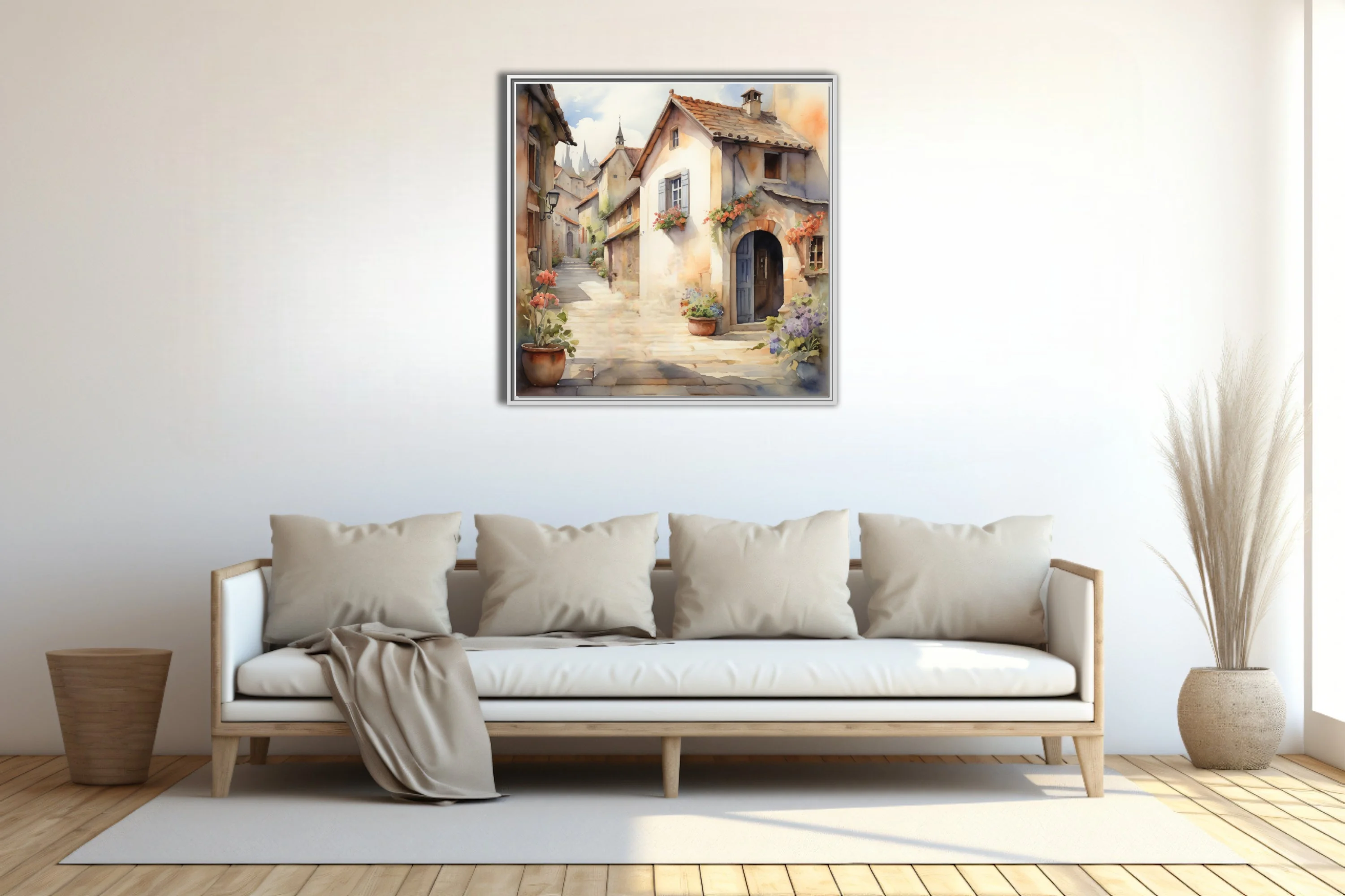Watercolor-style European village alley, warm stone buildings, floral accents, soft pastel tones