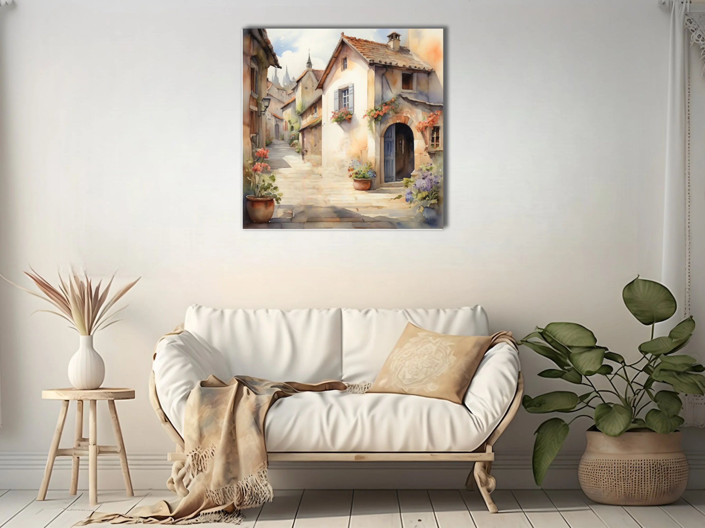 Watercolor-style European village alley, warm stone buildings, floral accents, soft pastel tones
