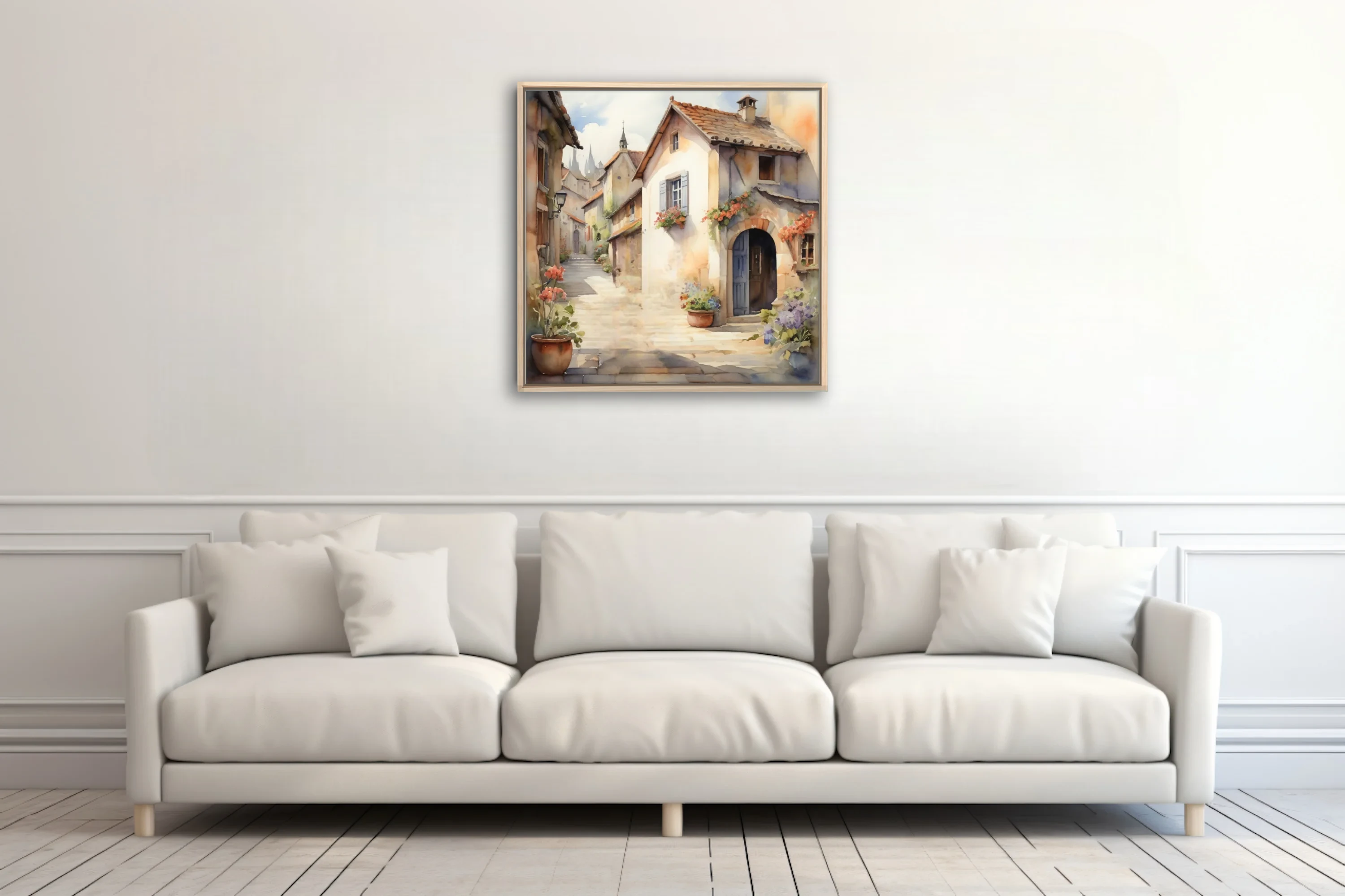 Watercolor-style European village alley, warm stone buildings, floral accents, soft pastel tones