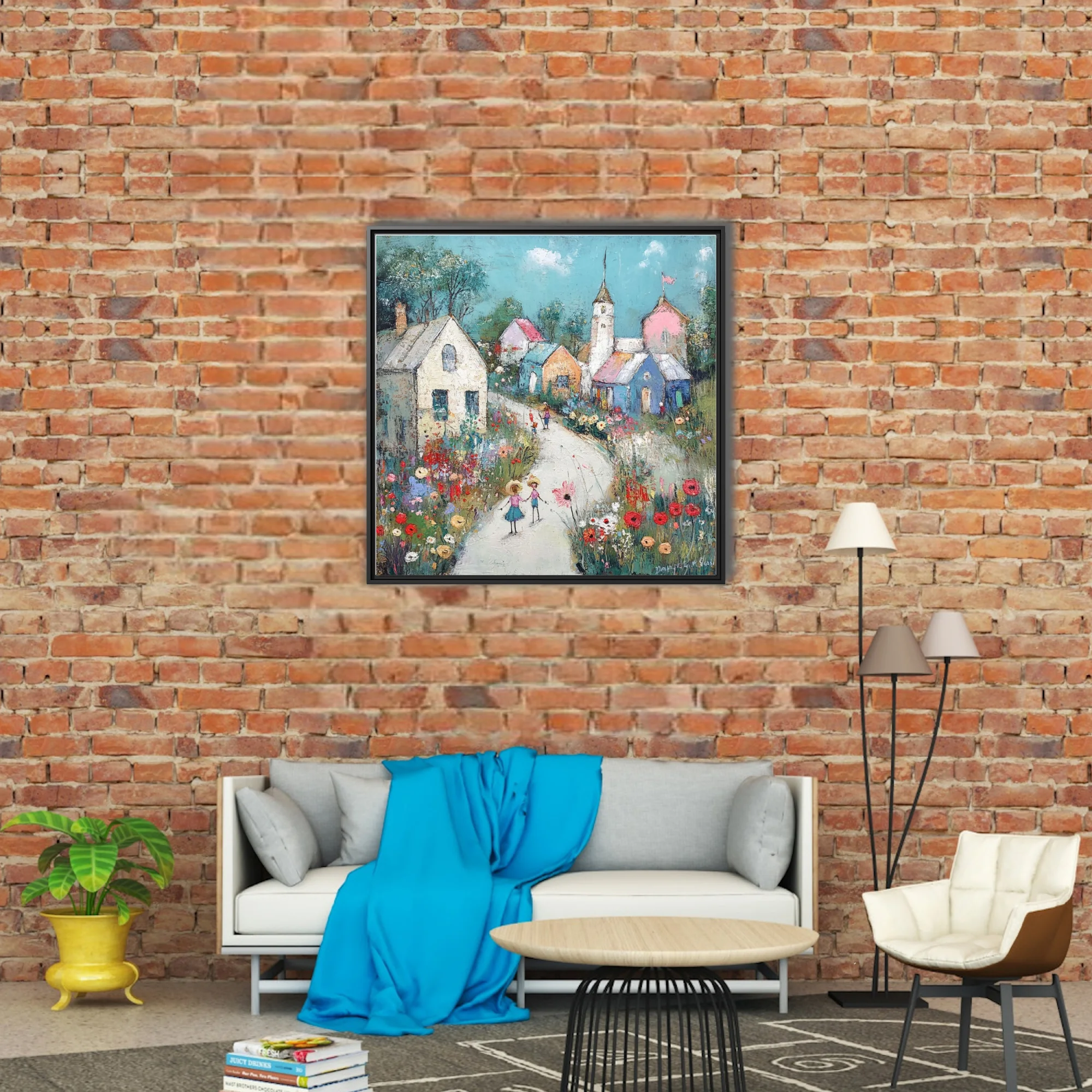 Whimsical naïve folk-art village scene with wildflowers, pastel cottages, and figures on a winding lane