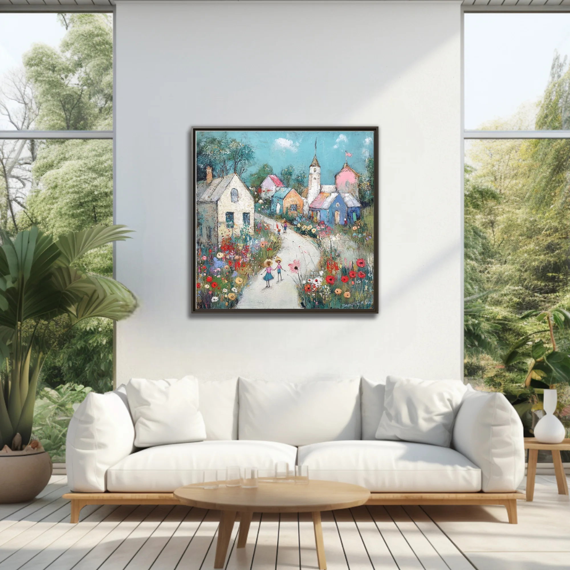 Whimsical naïve folk-art village scene with wildflowers, pastel cottages, and figures on a winding lane