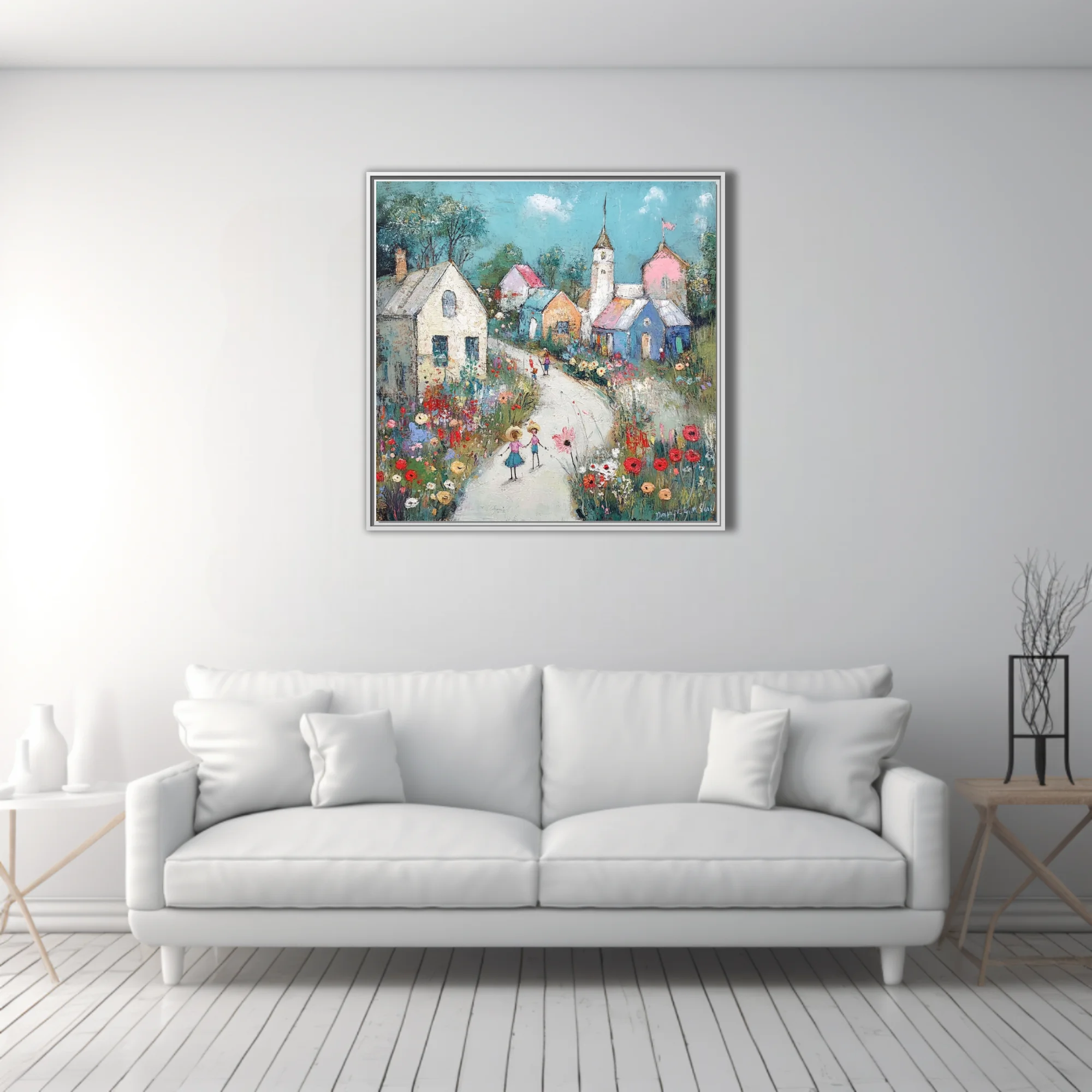 Whimsical naïve folk-art village scene with wildflowers, pastel cottages, and figures on a winding lane