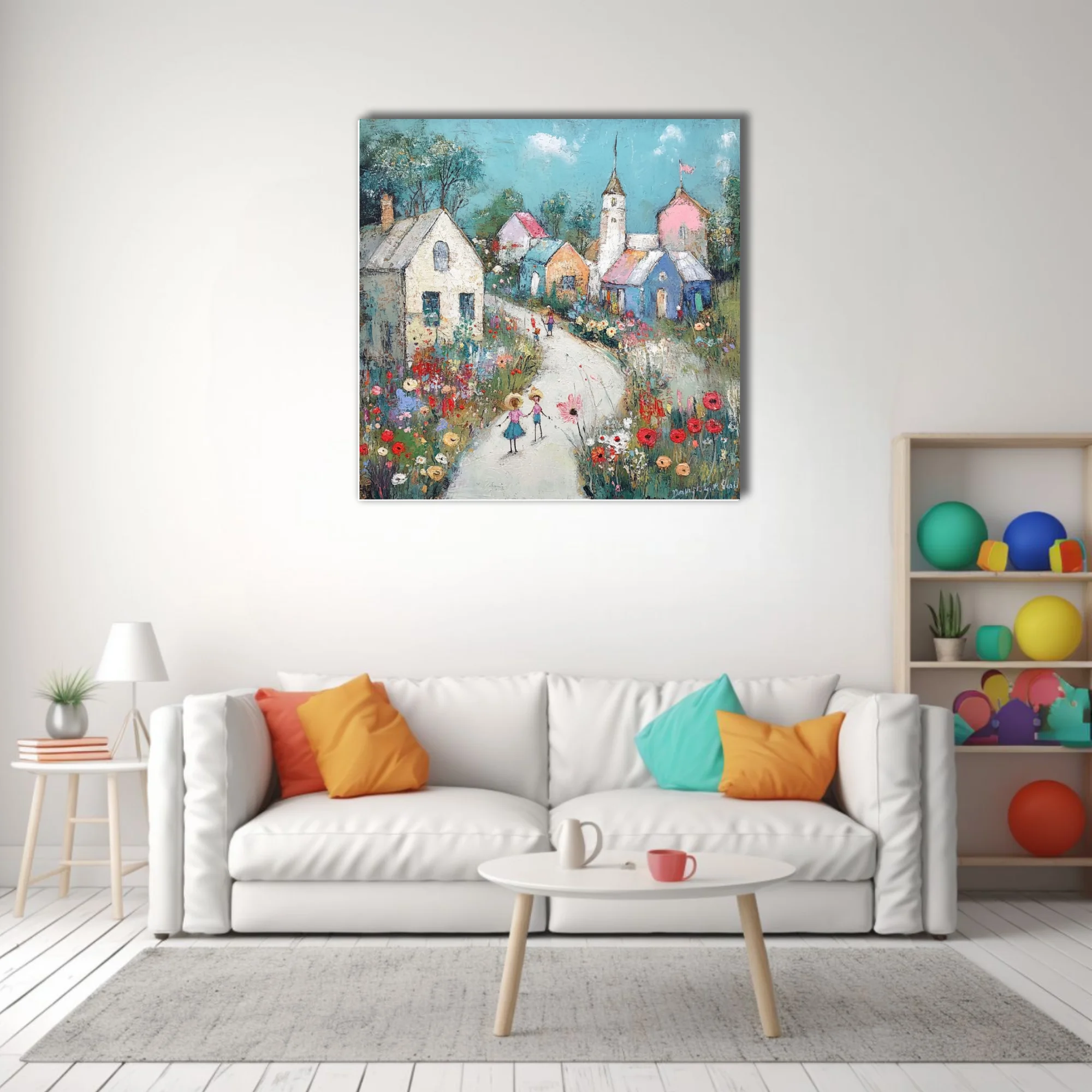 Whimsical naïve folk-art village scene with wildflowers, pastel cottages, and figures on a winding lane