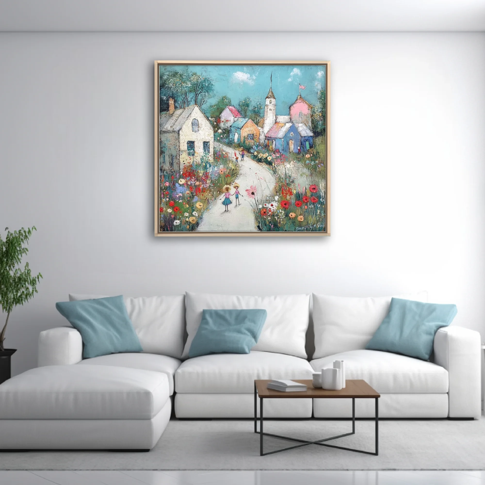 Whimsical naïve folk-art village scene with wildflowers, pastel cottages, and figures on a winding lane