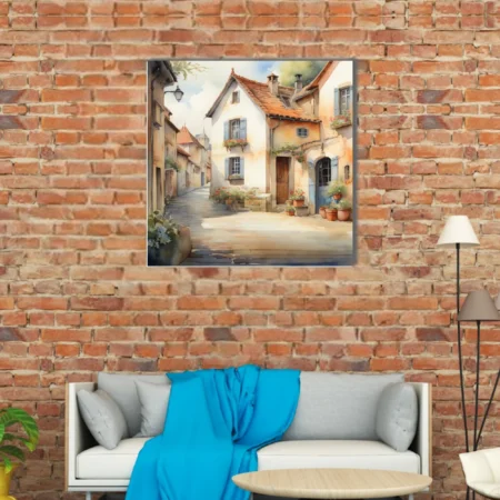 Watercolor-style French village street with terracotta rooftops and flower-filled window boxes