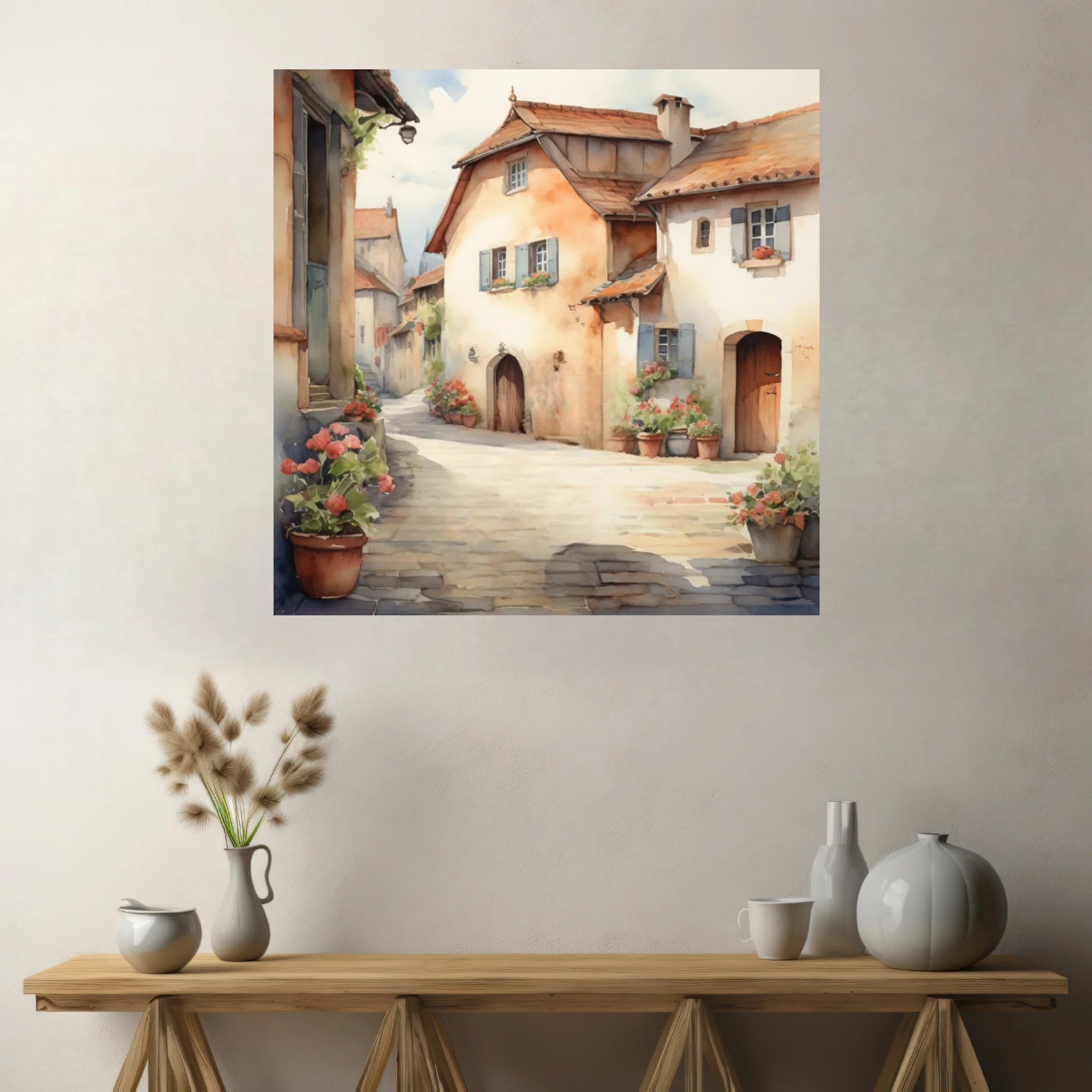Watercolor-style rustic European village alley with terracotta roofs and flower pots