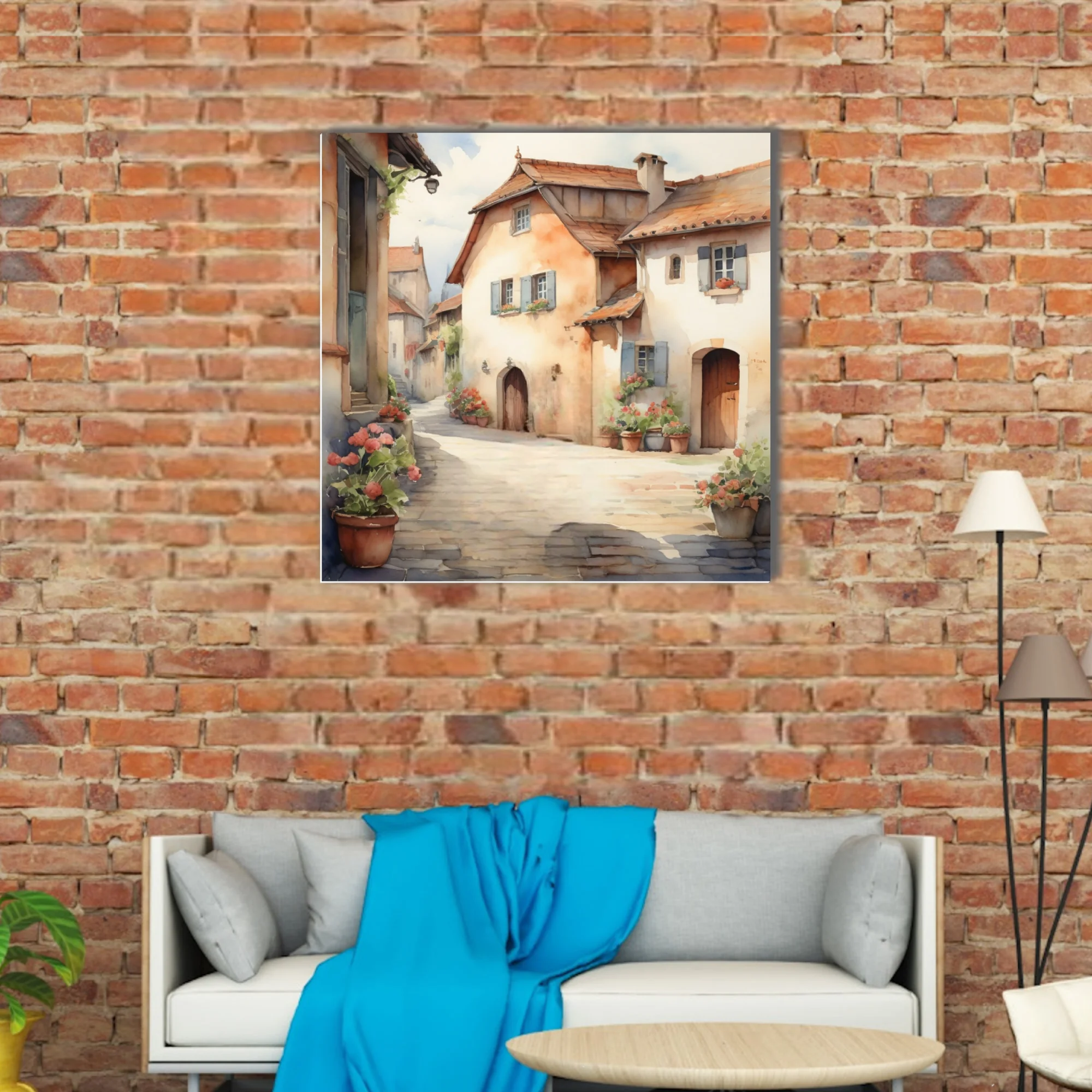 Watercolor-style rustic European village alley with terracotta roofs and flower pots