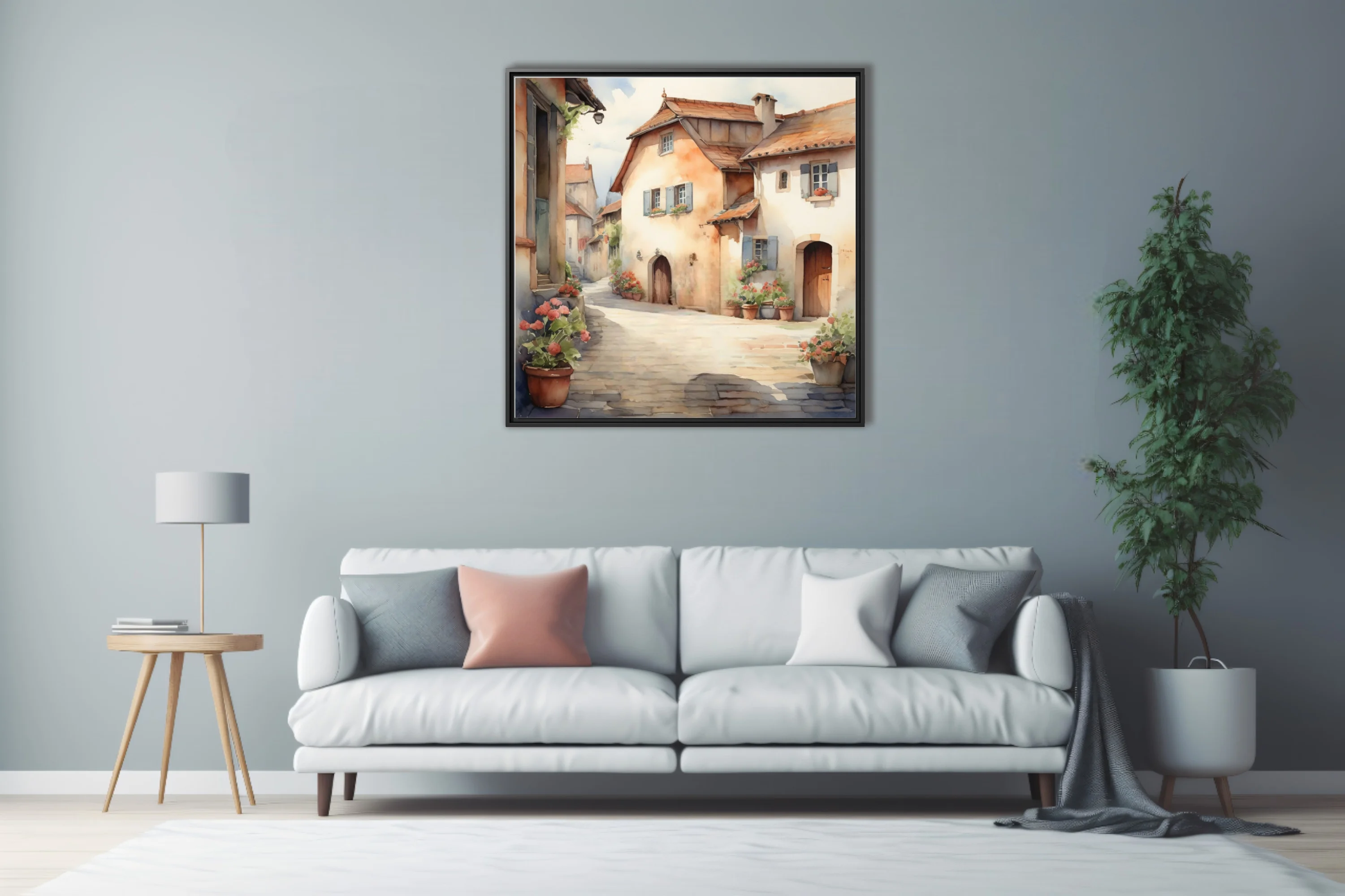Watercolor-style rustic European village alley with terracotta roofs and flower pots