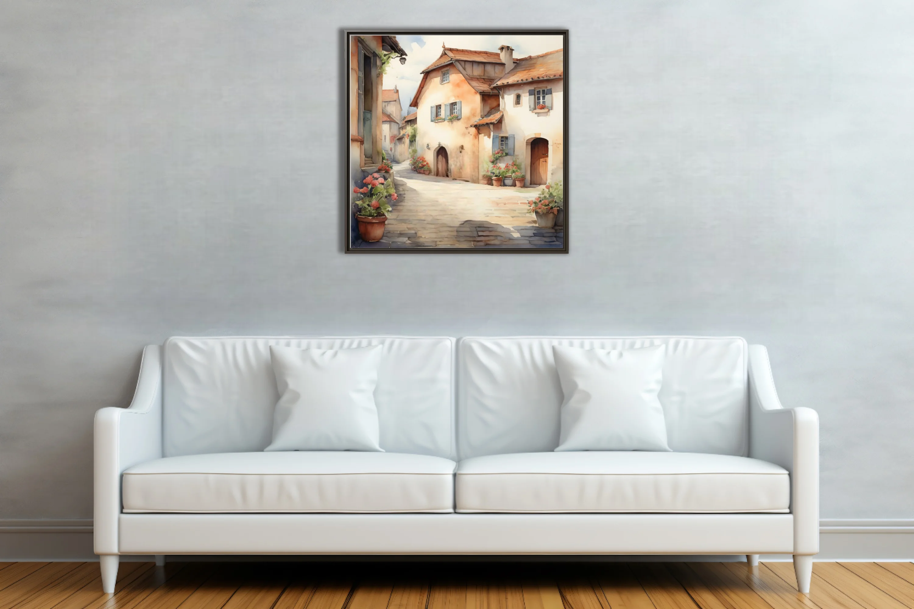 Watercolor-style rustic European village alley with terracotta roofs and flower pots
