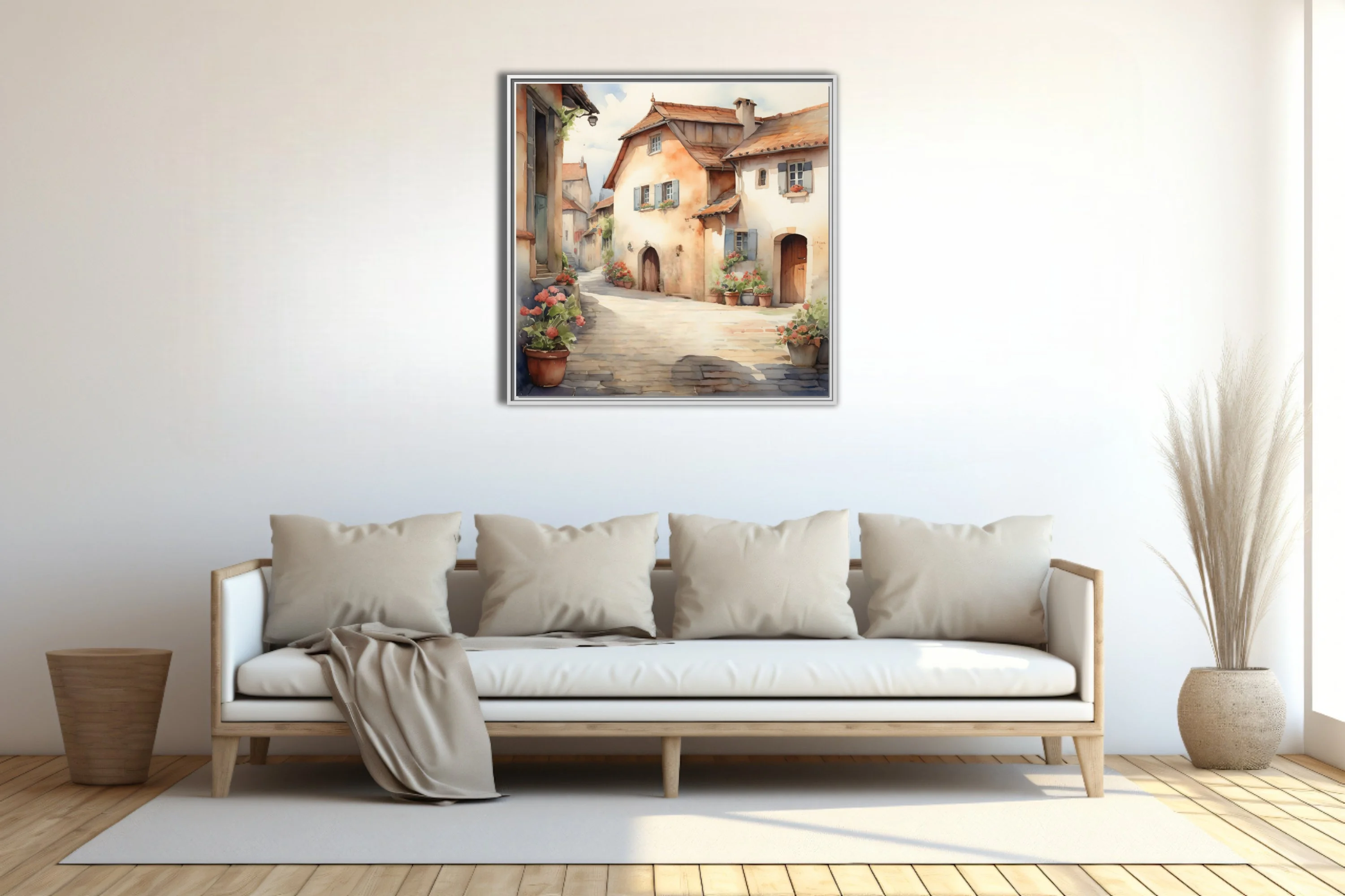 Watercolor-style rustic European village alley with terracotta roofs and flower pots