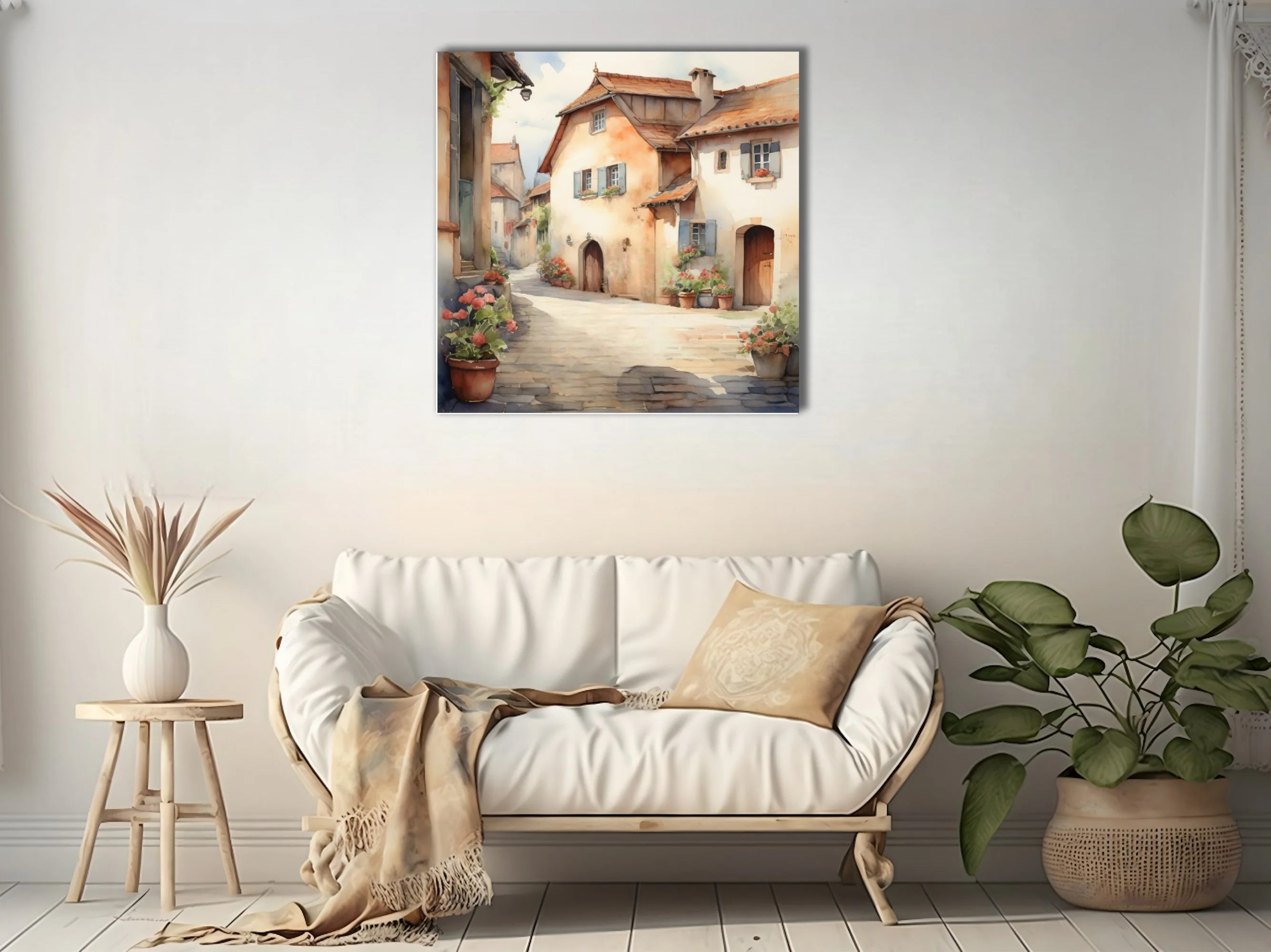 Watercolor-style rustic European village alley with terracotta roofs and flower pots