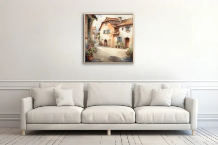 Watercolor-style rustic European village alley with terracotta roofs and flower pots