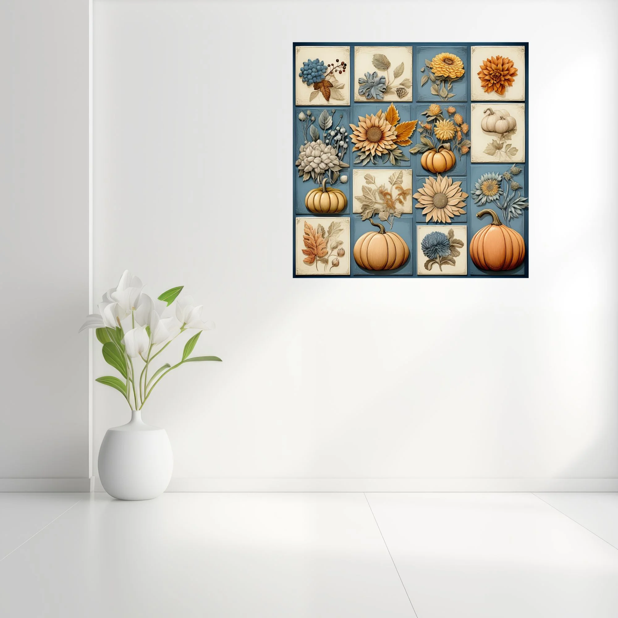 Autumn botanical relief-style tile collage with pumpkins, sunflowers, and florals in amber and blue
