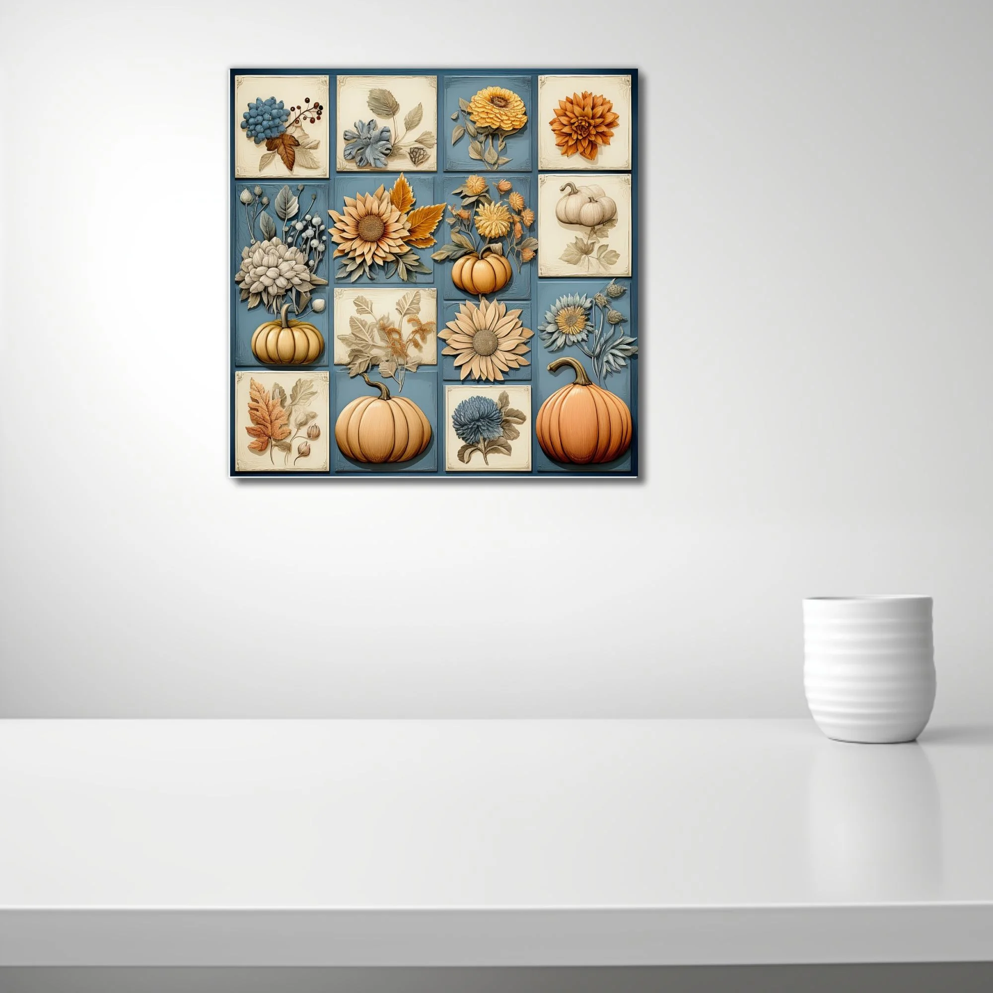 Autumn botanical relief-style tile collage with pumpkins, sunflowers, and florals in amber and blue