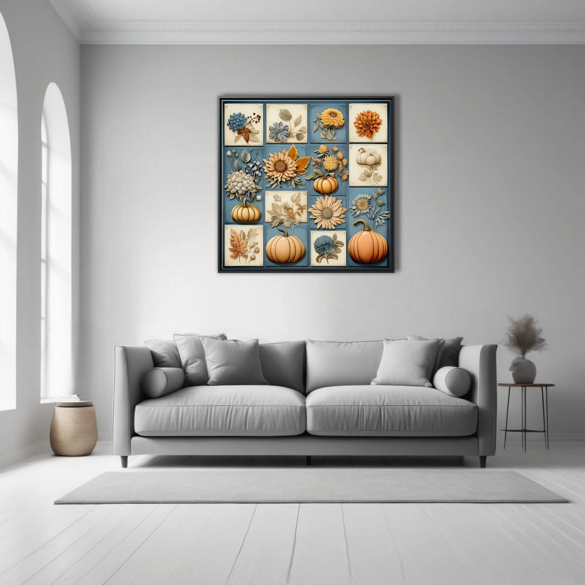 Autumn botanical relief-style tile collage with pumpkins, sunflowers, and florals in amber and blue