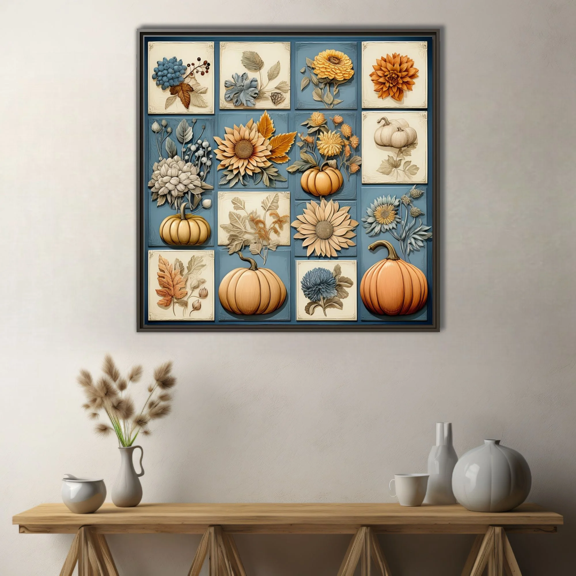 Autumn botanical relief-style tile collage with pumpkins, sunflowers, and florals in amber and blue