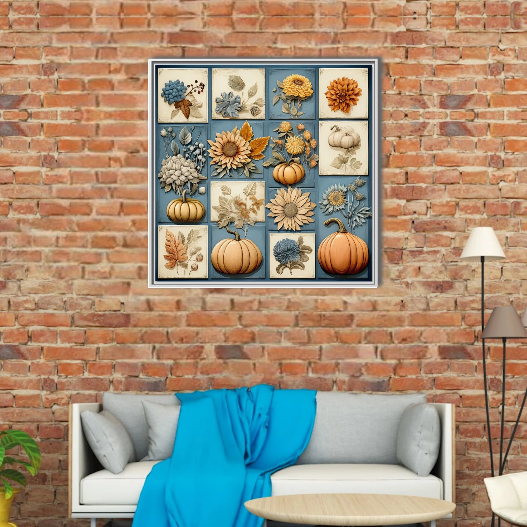 Autumn botanical relief-style tile collage with pumpkins, sunflowers, and florals in amber and blue