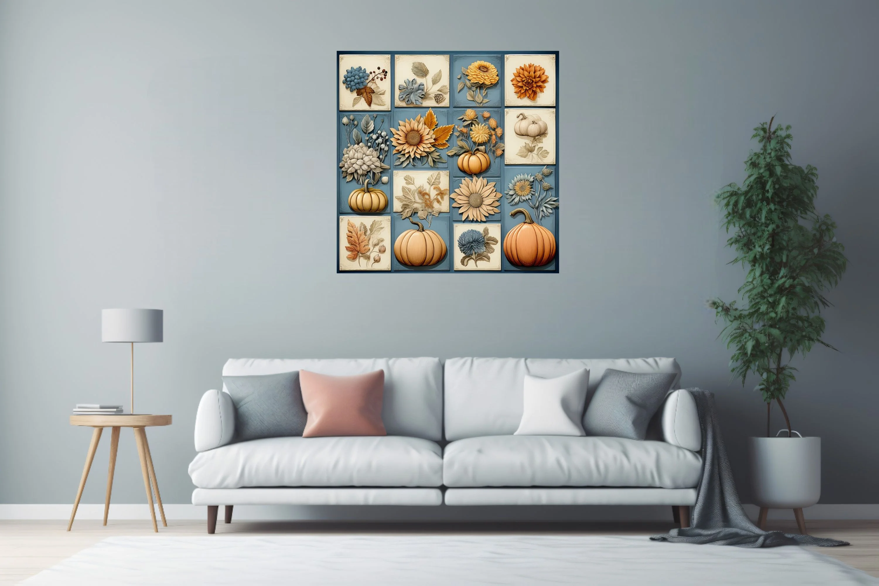 Autumn botanical relief-style tile collage with pumpkins, sunflowers, and florals in amber and blue