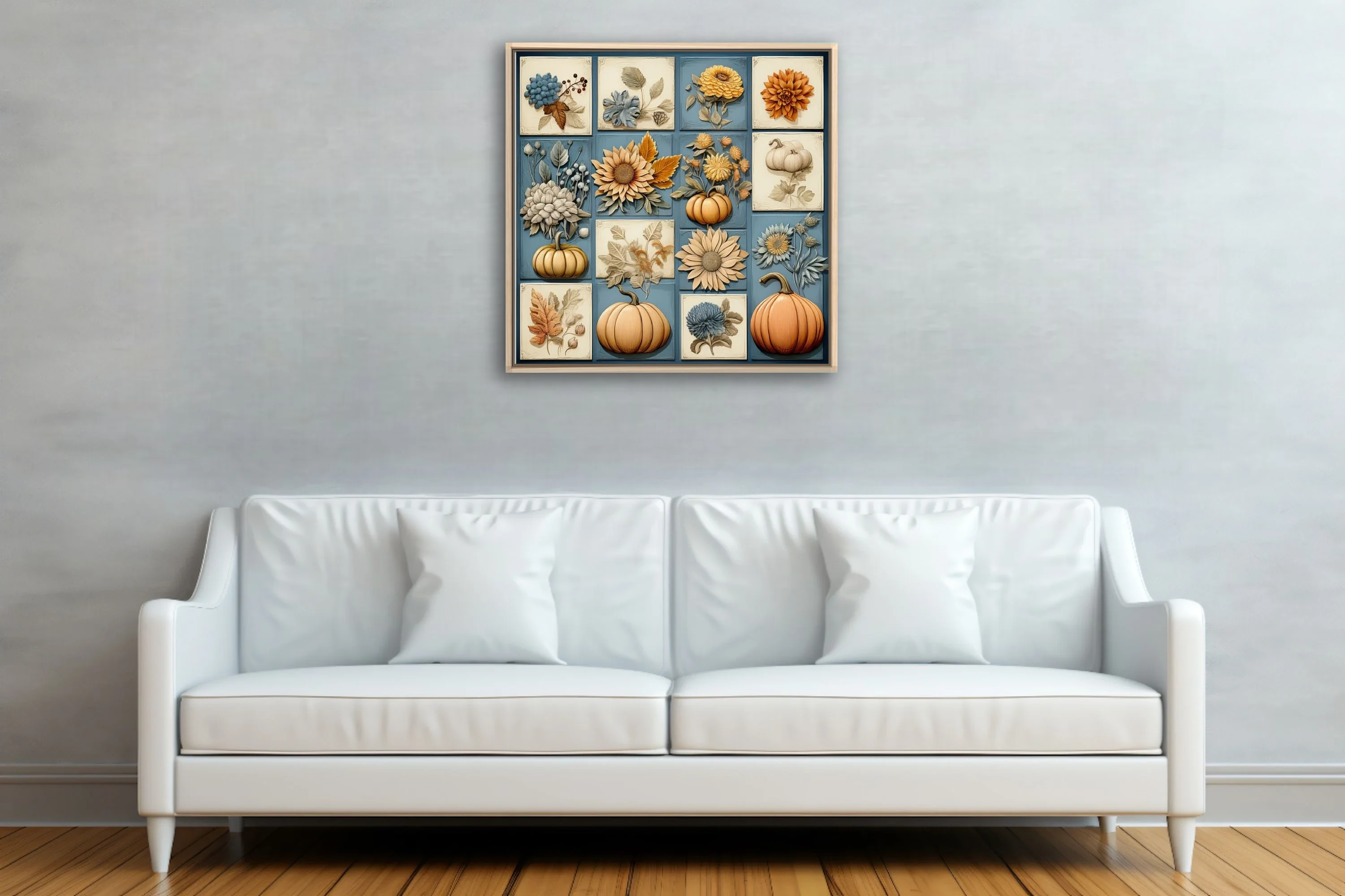 Autumn botanical relief-style tile collage with pumpkins, sunflowers, and florals in amber and blue