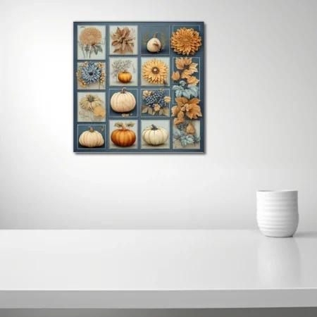 Autumn botanical collage grid — pumpkins, sunflowers, dahlias, fall leaves in amber and blue