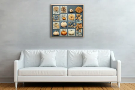 Autumn botanical collage grid — pumpkins, sunflowers, dahlias, fall leaves in amber and blue