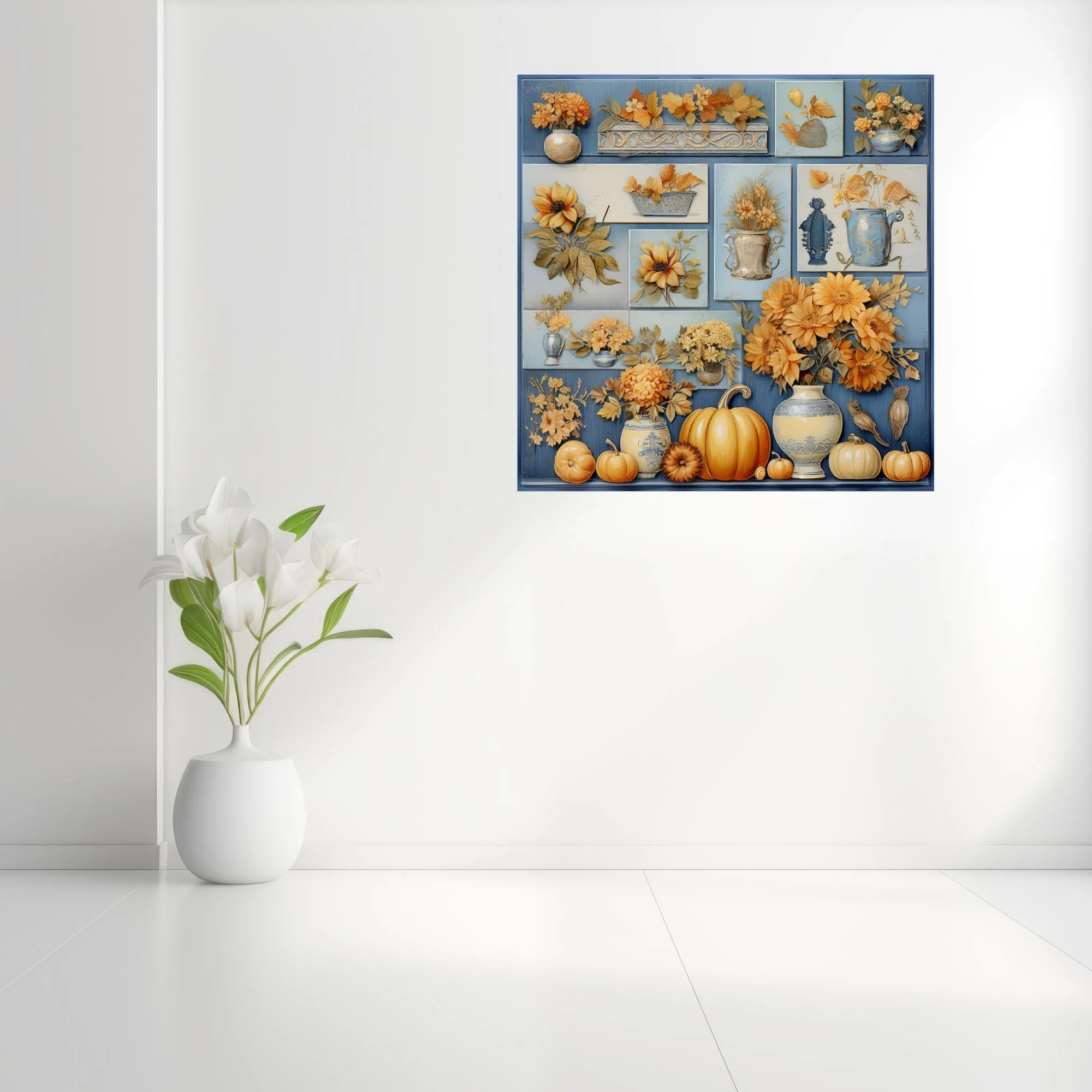 Vintage-style autumn botanical collage with amber florals, pumpkins, and blue ceramic vessels