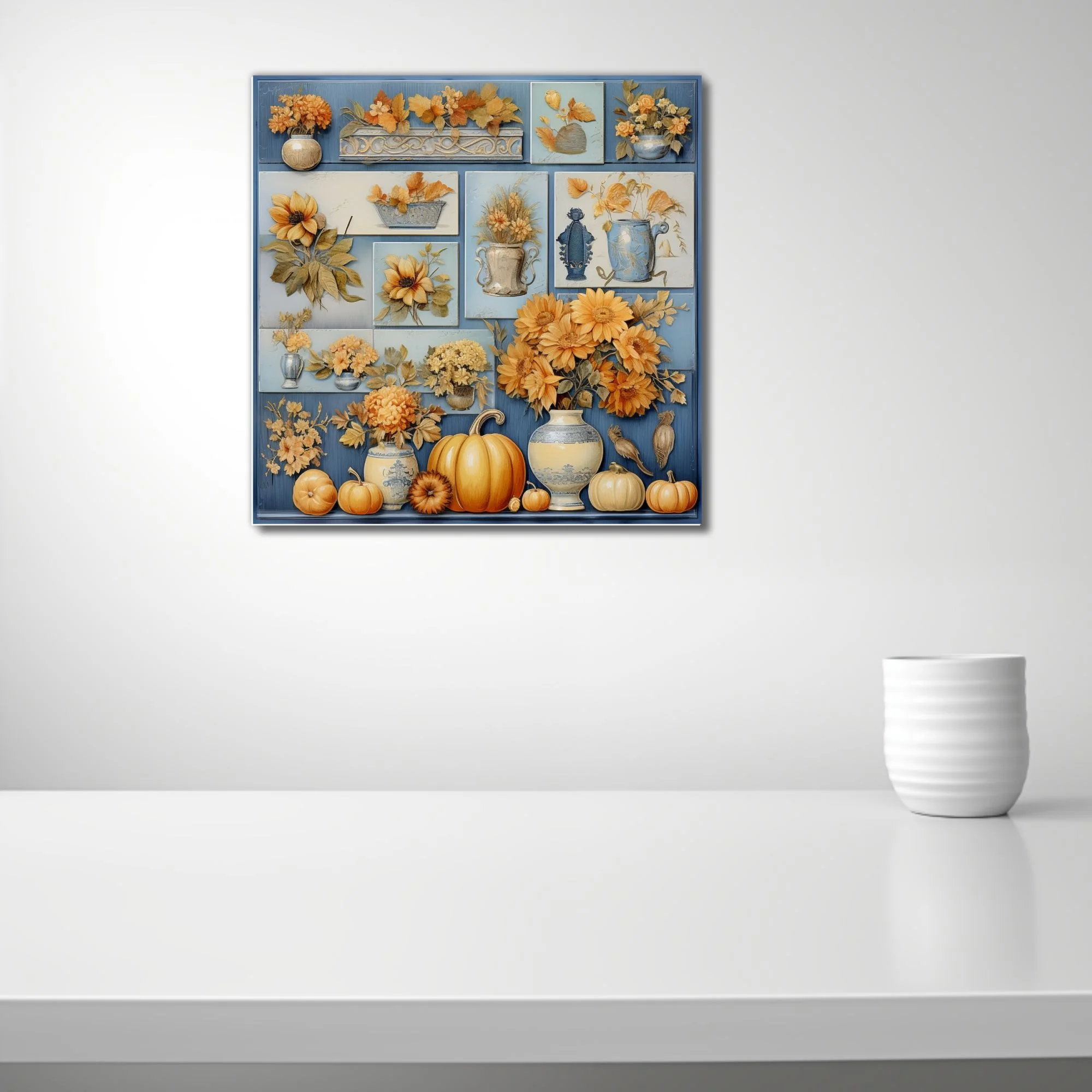 Vintage-style autumn botanical collage with amber florals, pumpkins, and blue ceramic vessels